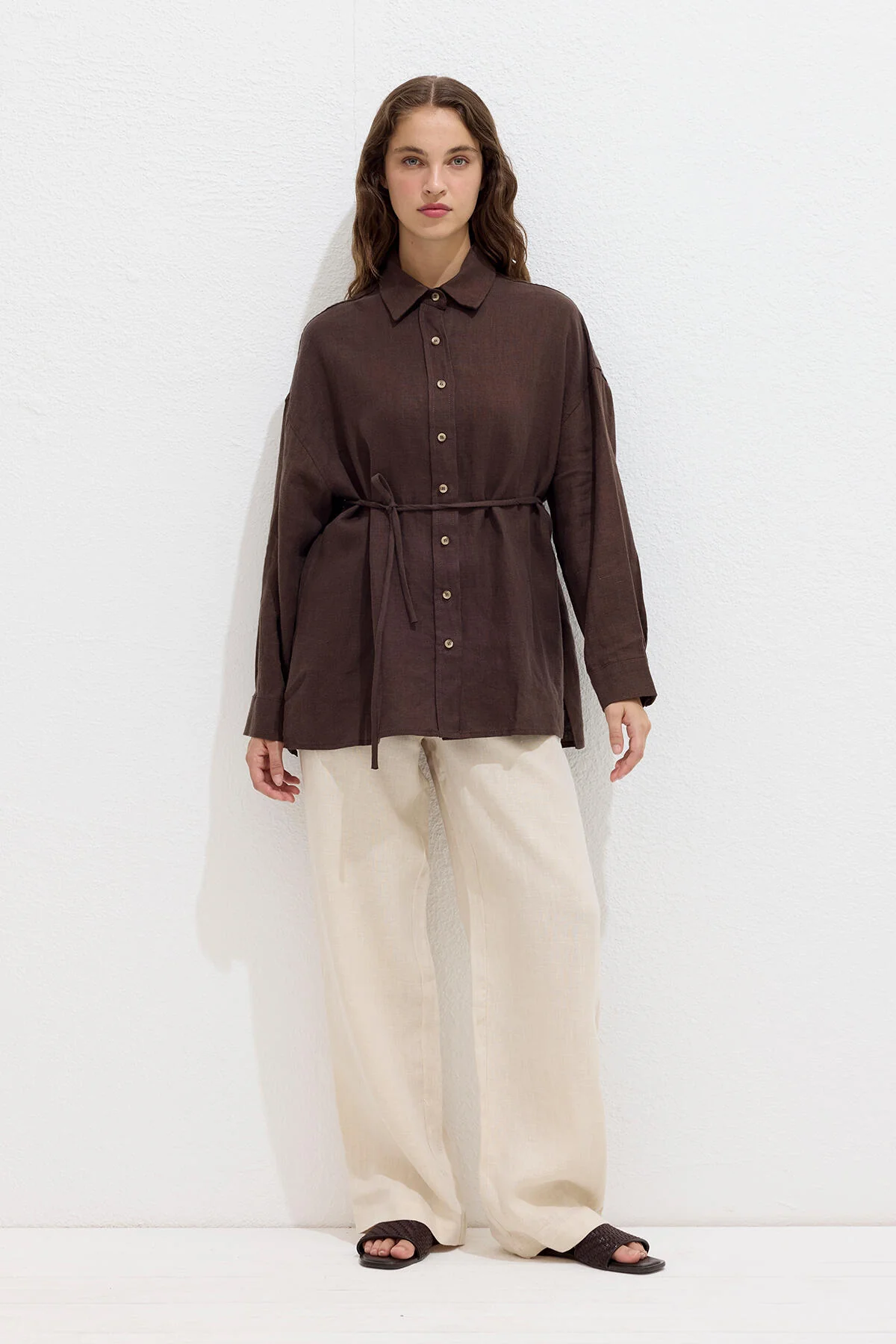 Linen Oversize Buttoned Shirt Dark Brown - Image 3