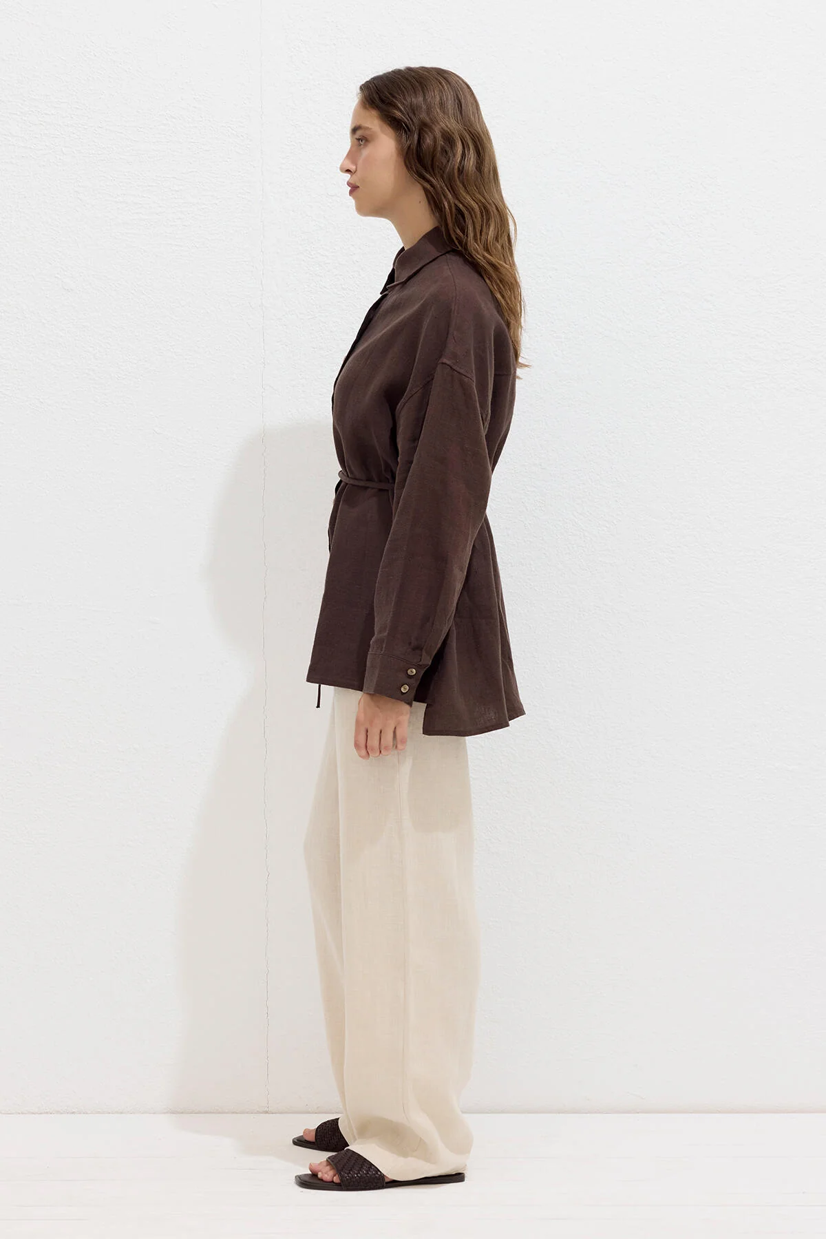 Linen Oversize Buttoned Shirt Dark Brown - Image 5