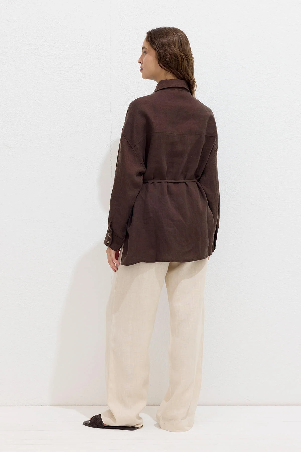 Linen Oversize Buttoned Shirt Dark Brown - Image 6