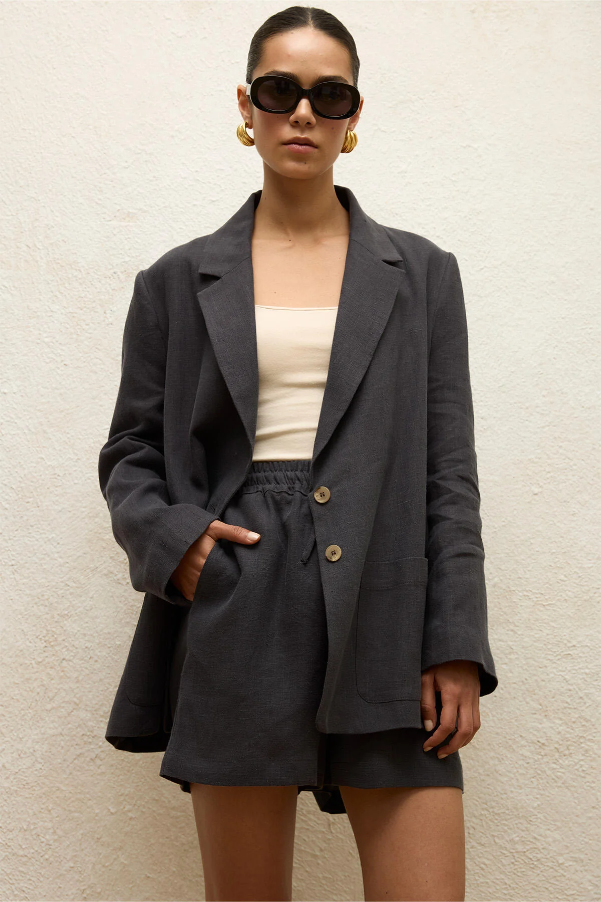 Linen Oversized Blazer Jacket Anthracite - Image 3