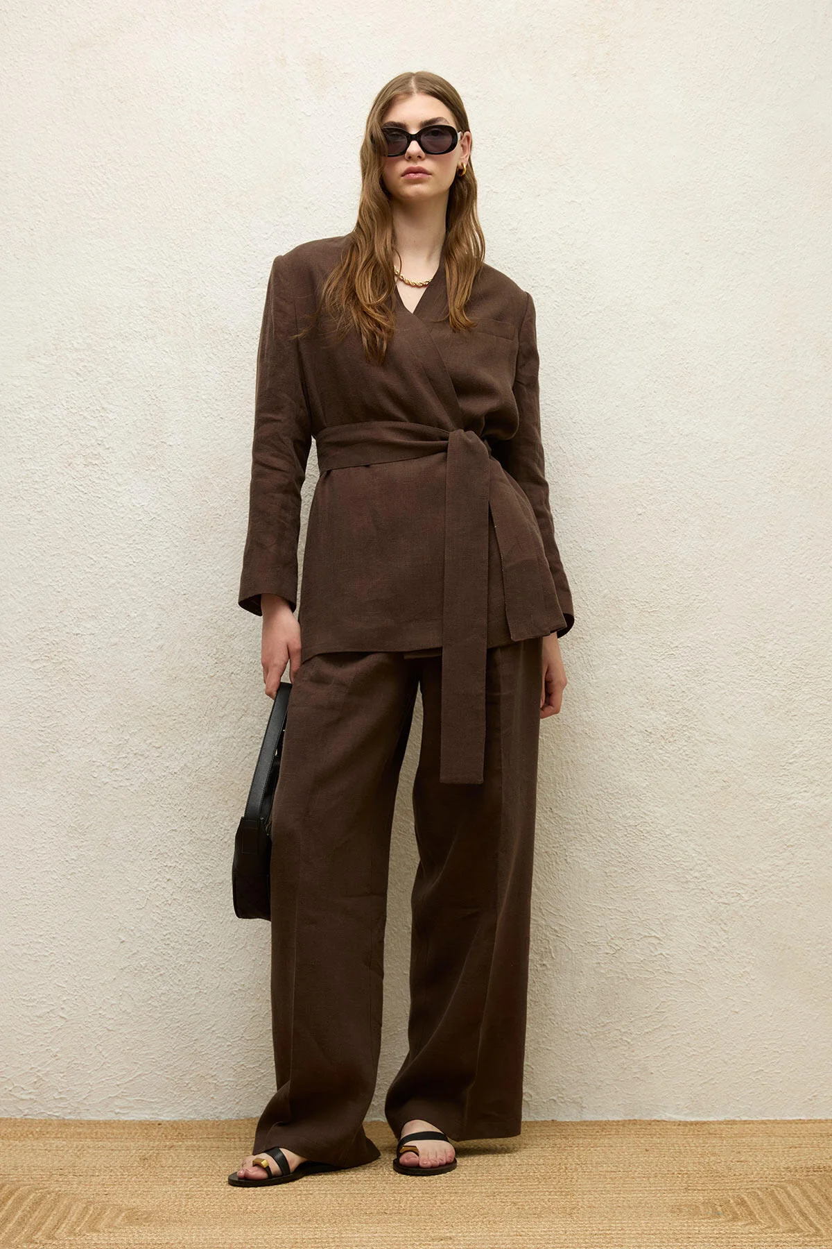 Linen Palazzo Trousers Dark Brown - Image 3