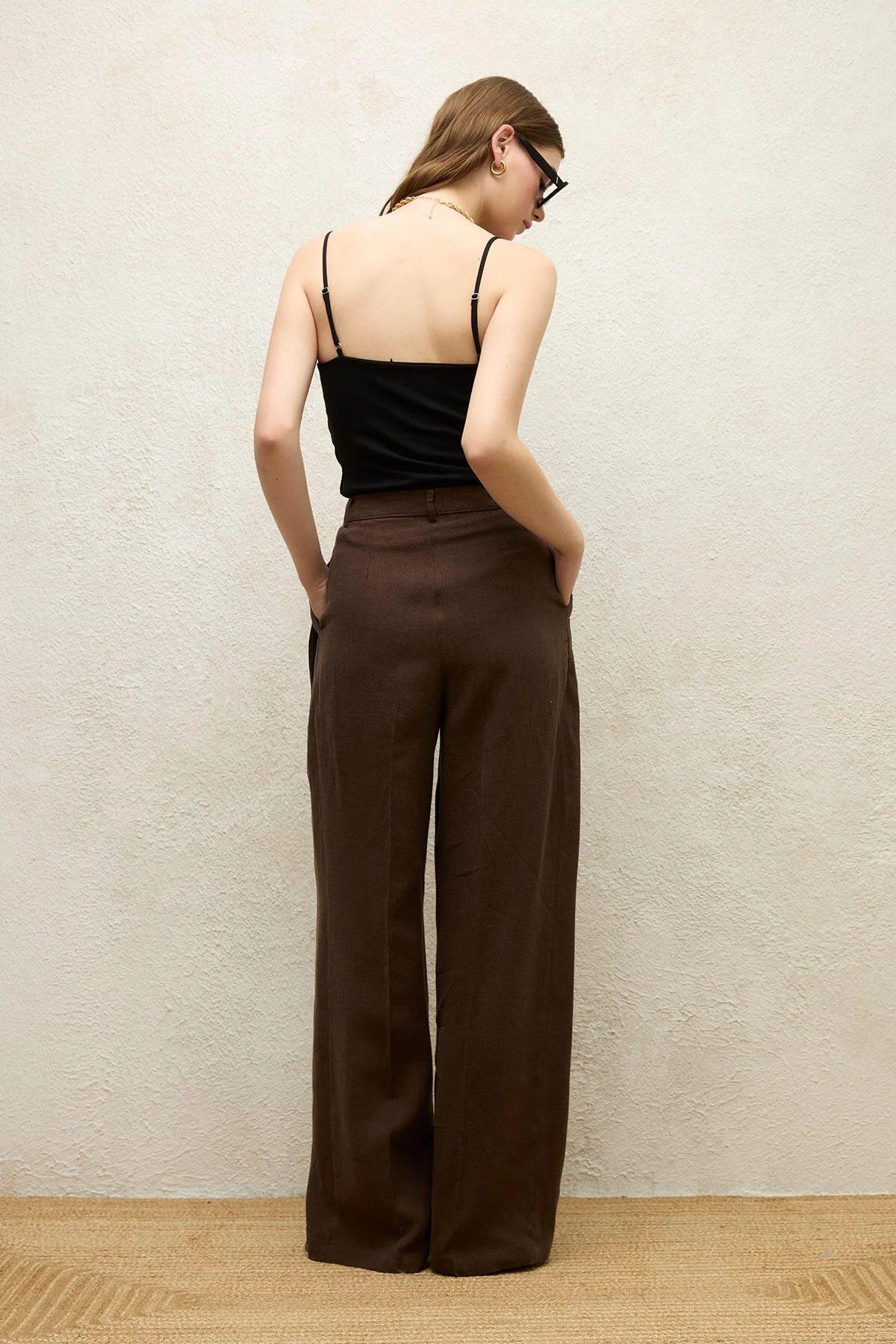 Linen Palazzo Trousers Dark Brown - Image 8