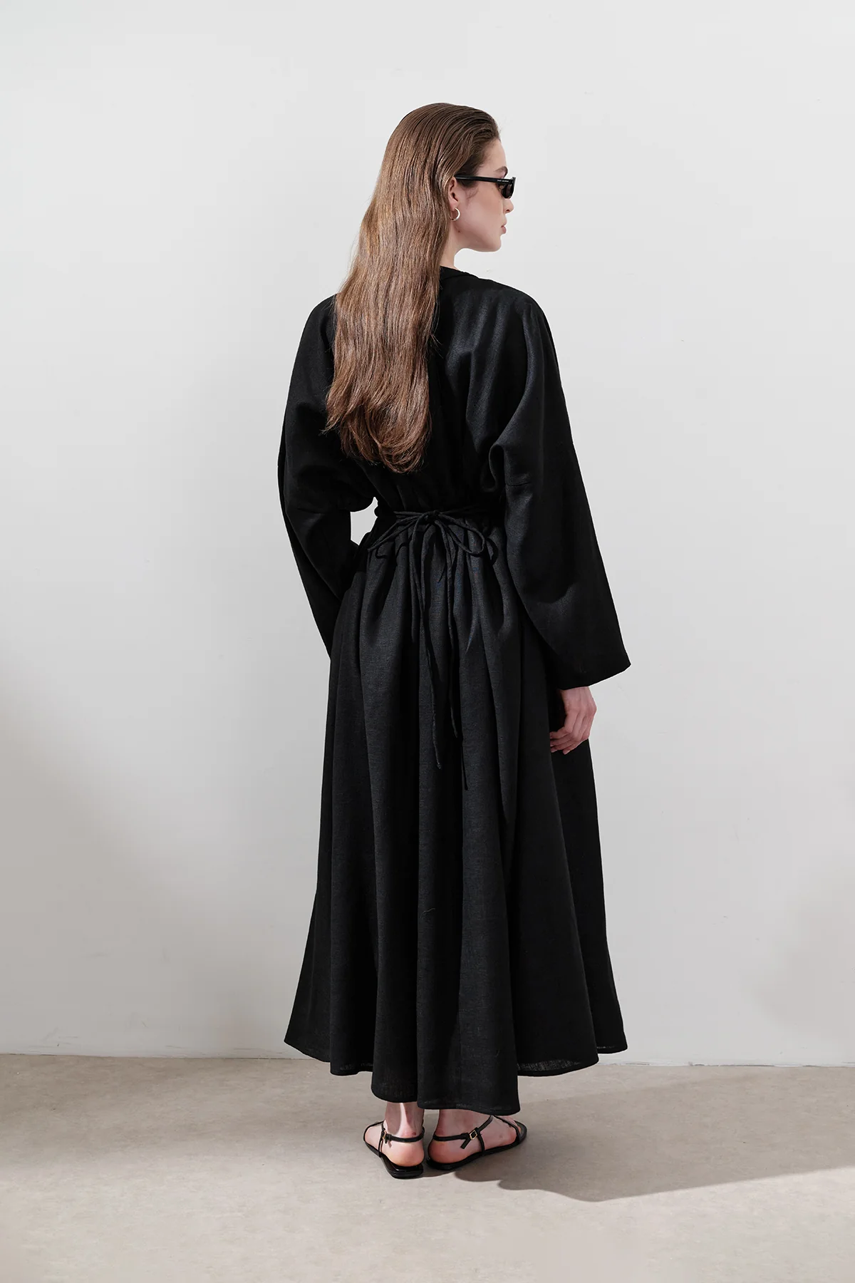 Linen Pleat Detail Dress Black - Image 7