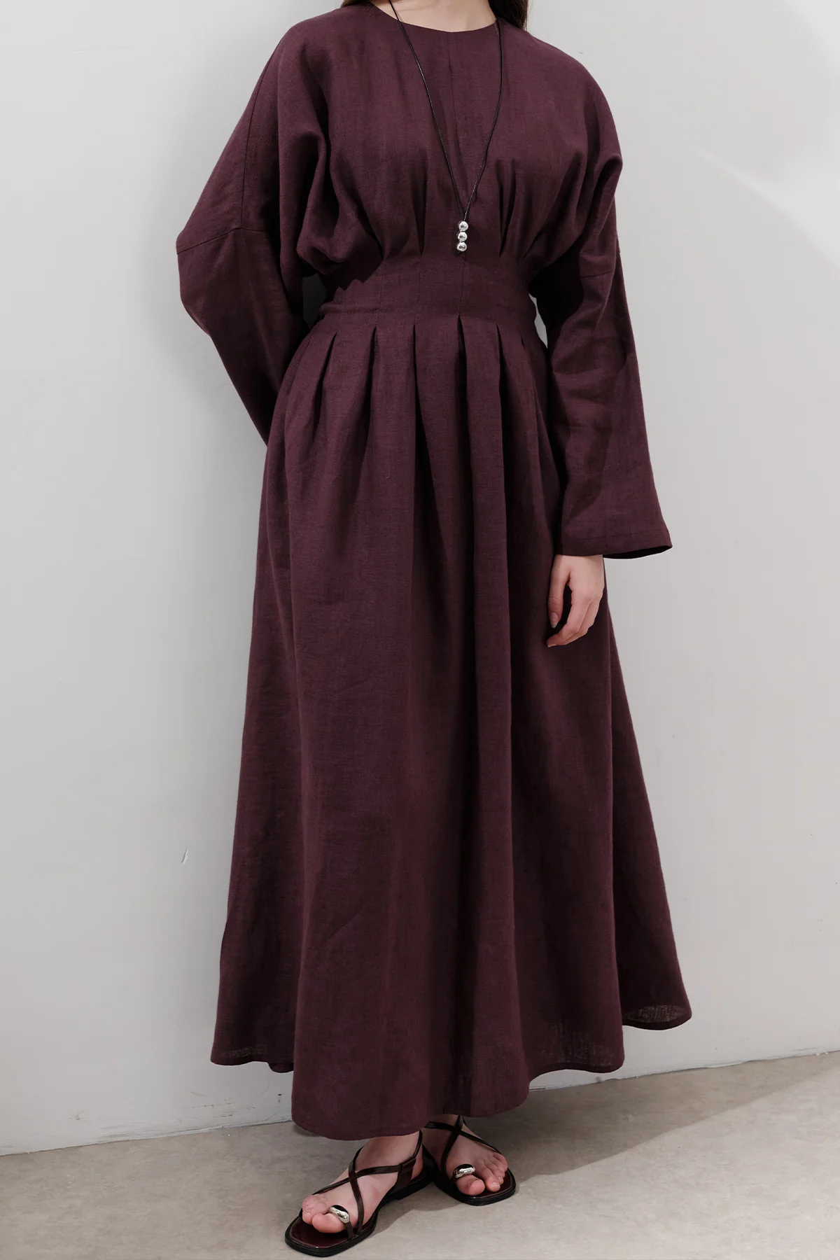 Linen Pleat Detail Dress Damson - Image 2