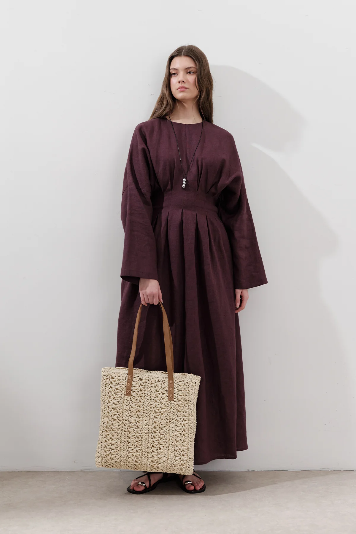 Linen Pleat Detail Dress Damson - Image 3