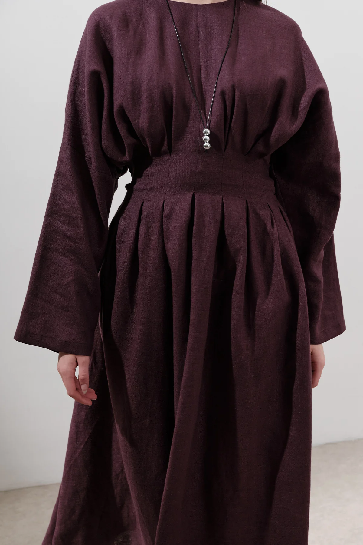 Linen Pleat Detail Dress Damson - Image 4