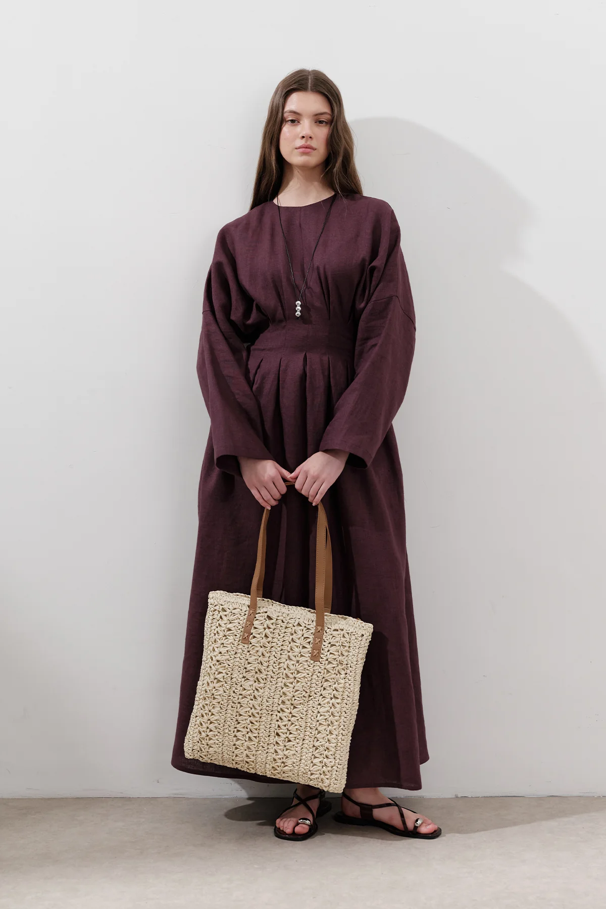 Linen Pleat Detail Dress Damson - Image 5
