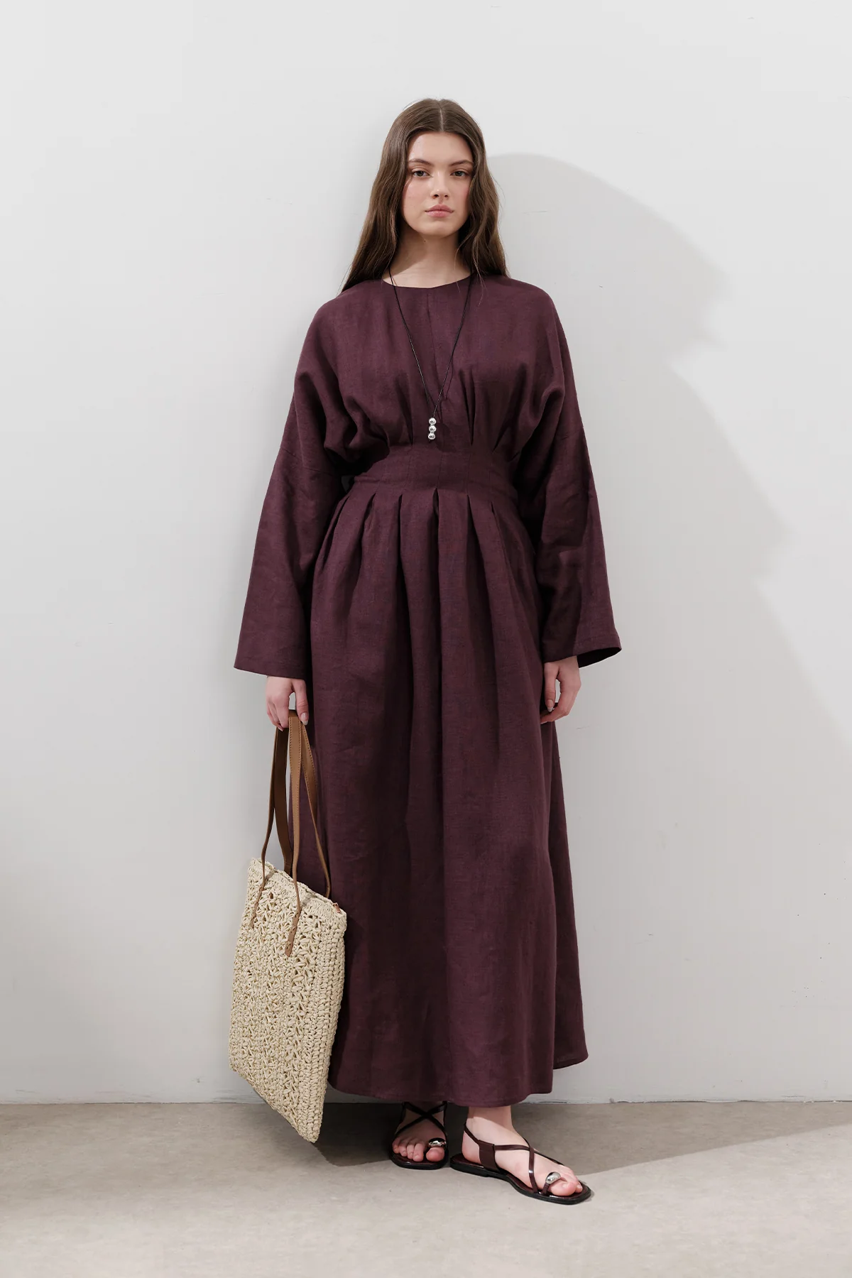 Linen Pleat Detail Dress Damson - Image 6