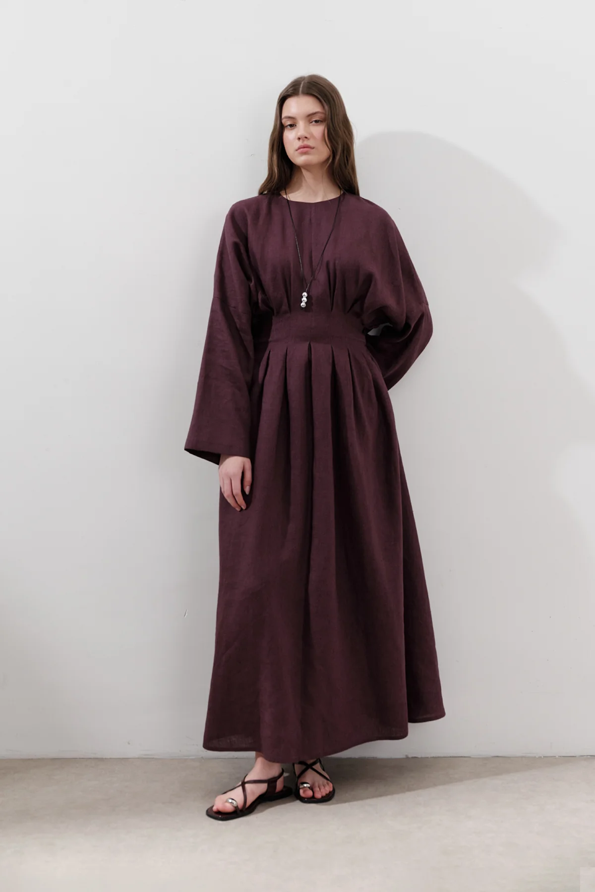 Linen Pleat Detail Dress Damson - Image 7