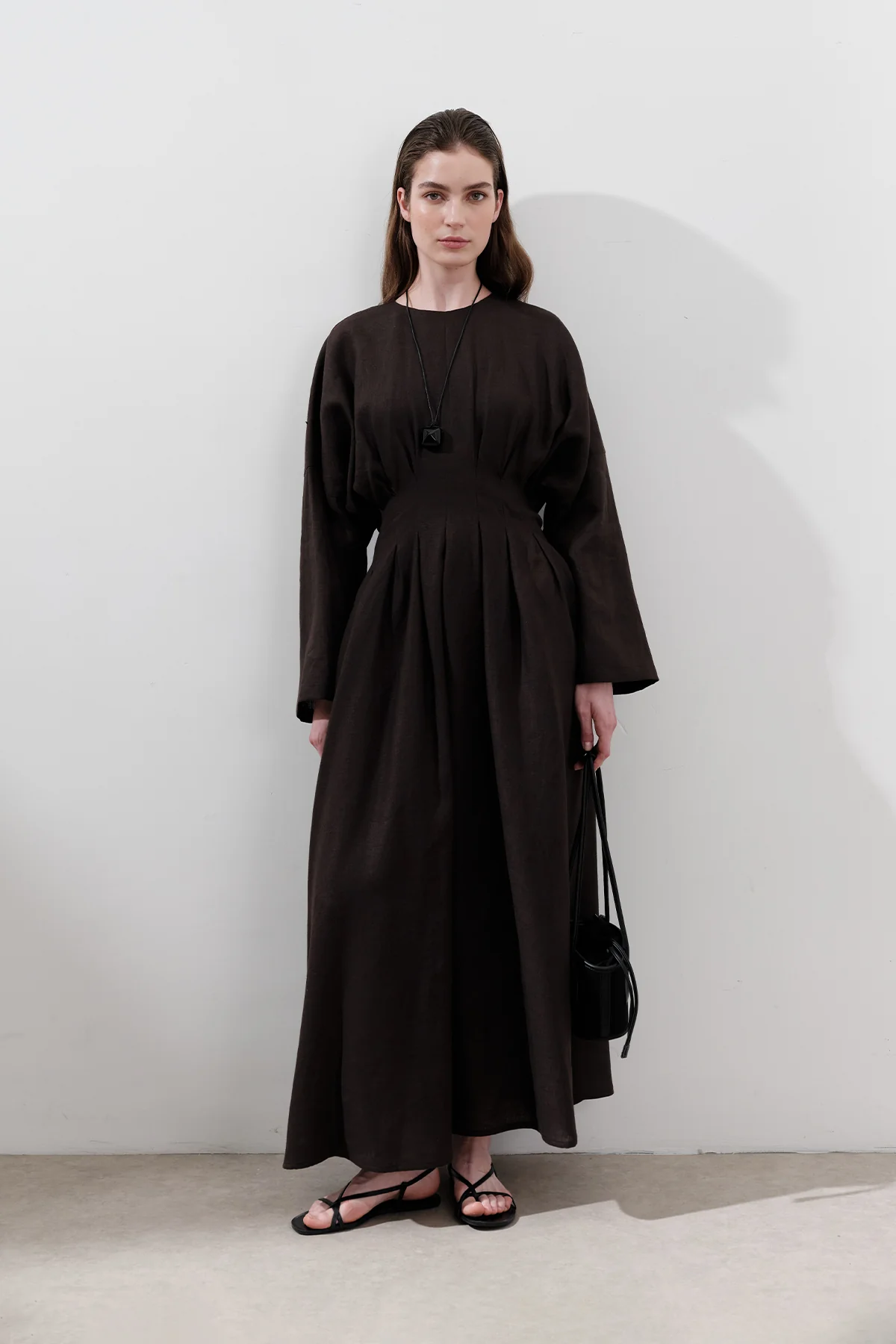 Linen Pleat Detail Dress Dark Brown