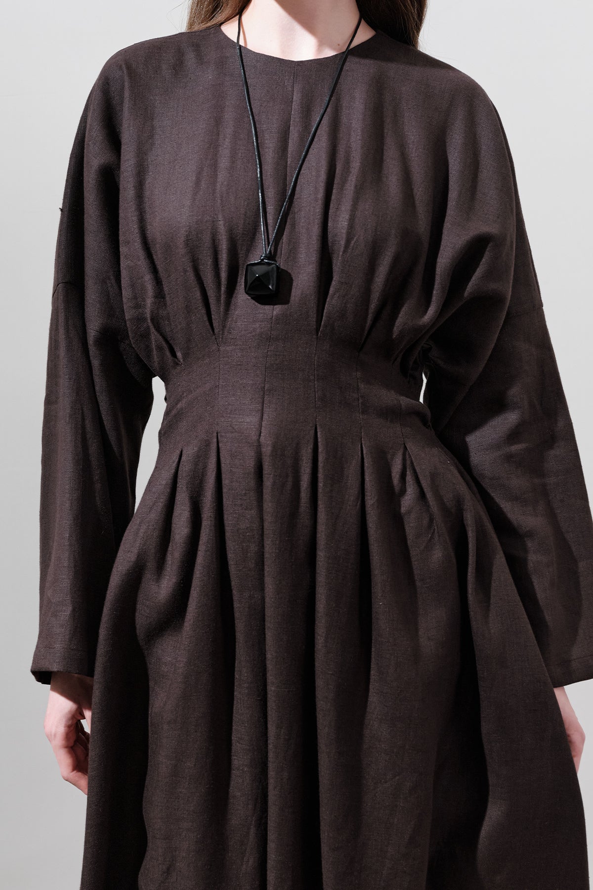 Linen Pleat Detail Dress Dark Brown - Image 2