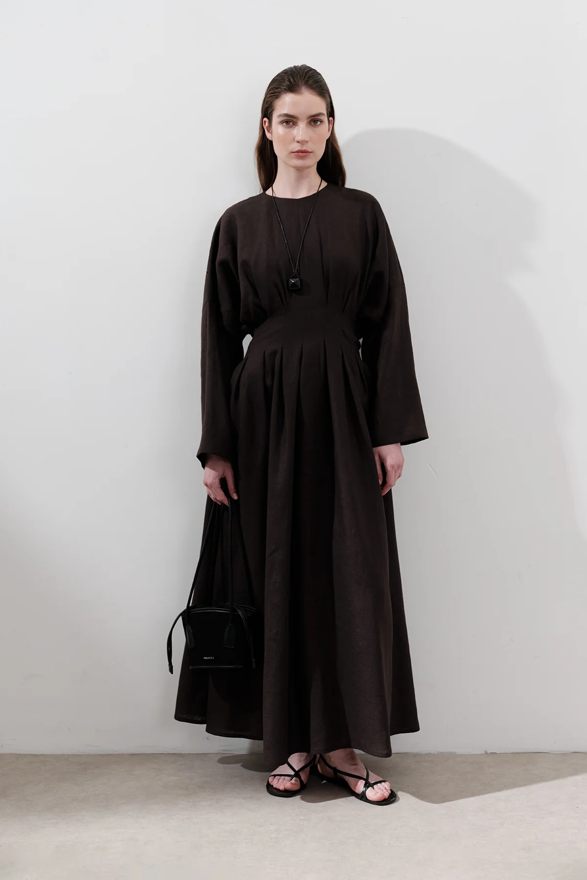 Linen Pleat Detail Dress Dark Brown - Image 5