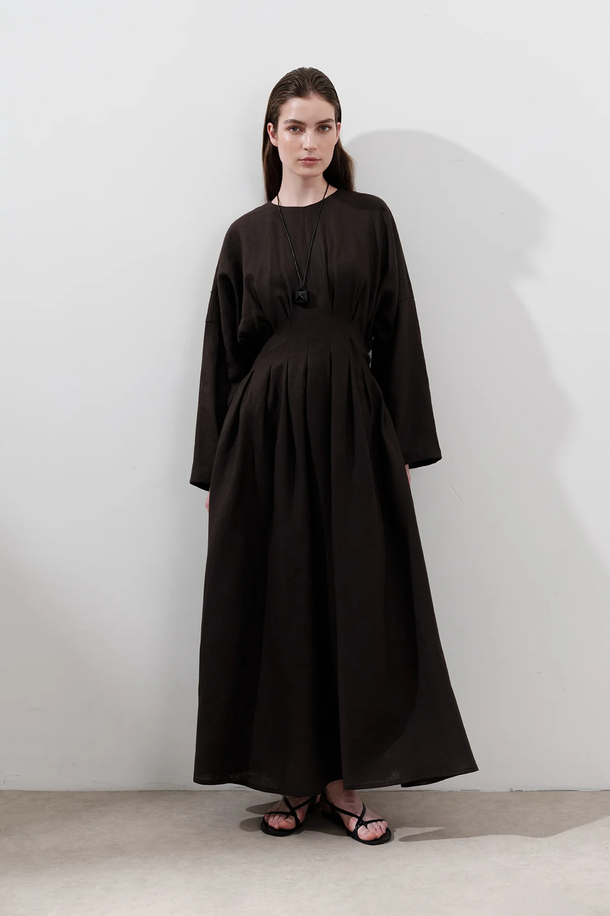 Linen Pleat Detail Dress Dark Brown - Image 6