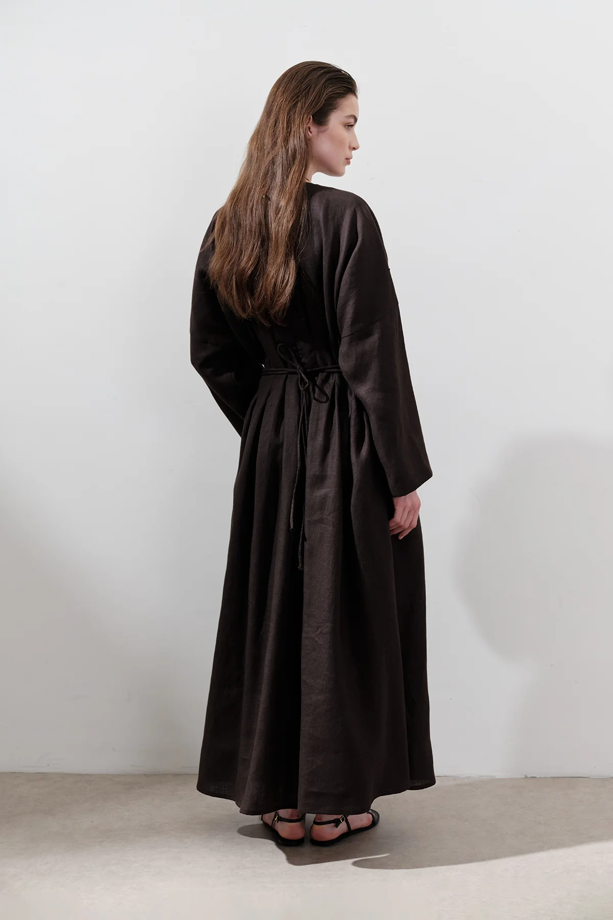Linen Pleat Detail Dress Dark Brown - Image 7