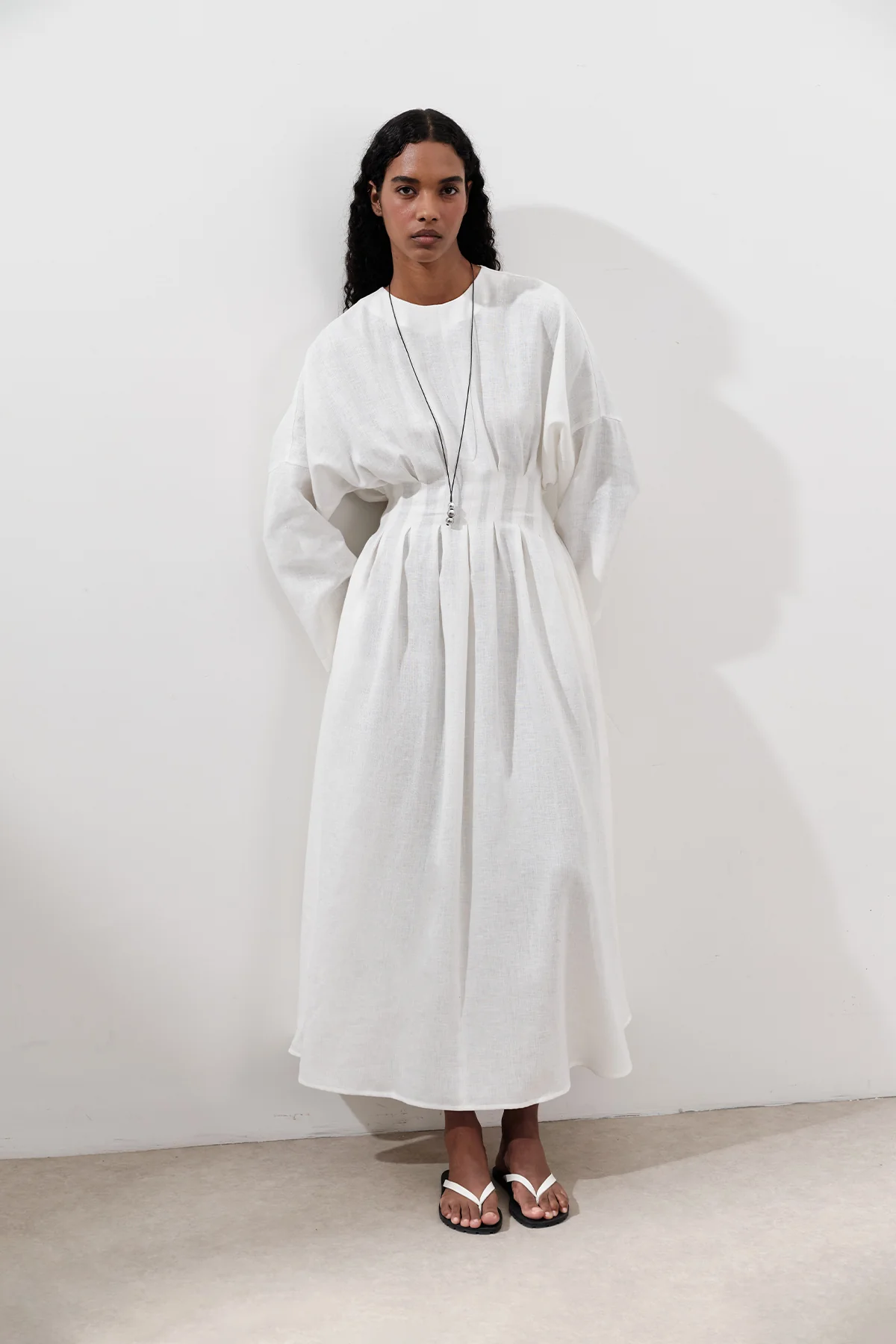 Linen Pleat Detail Dress Ecru