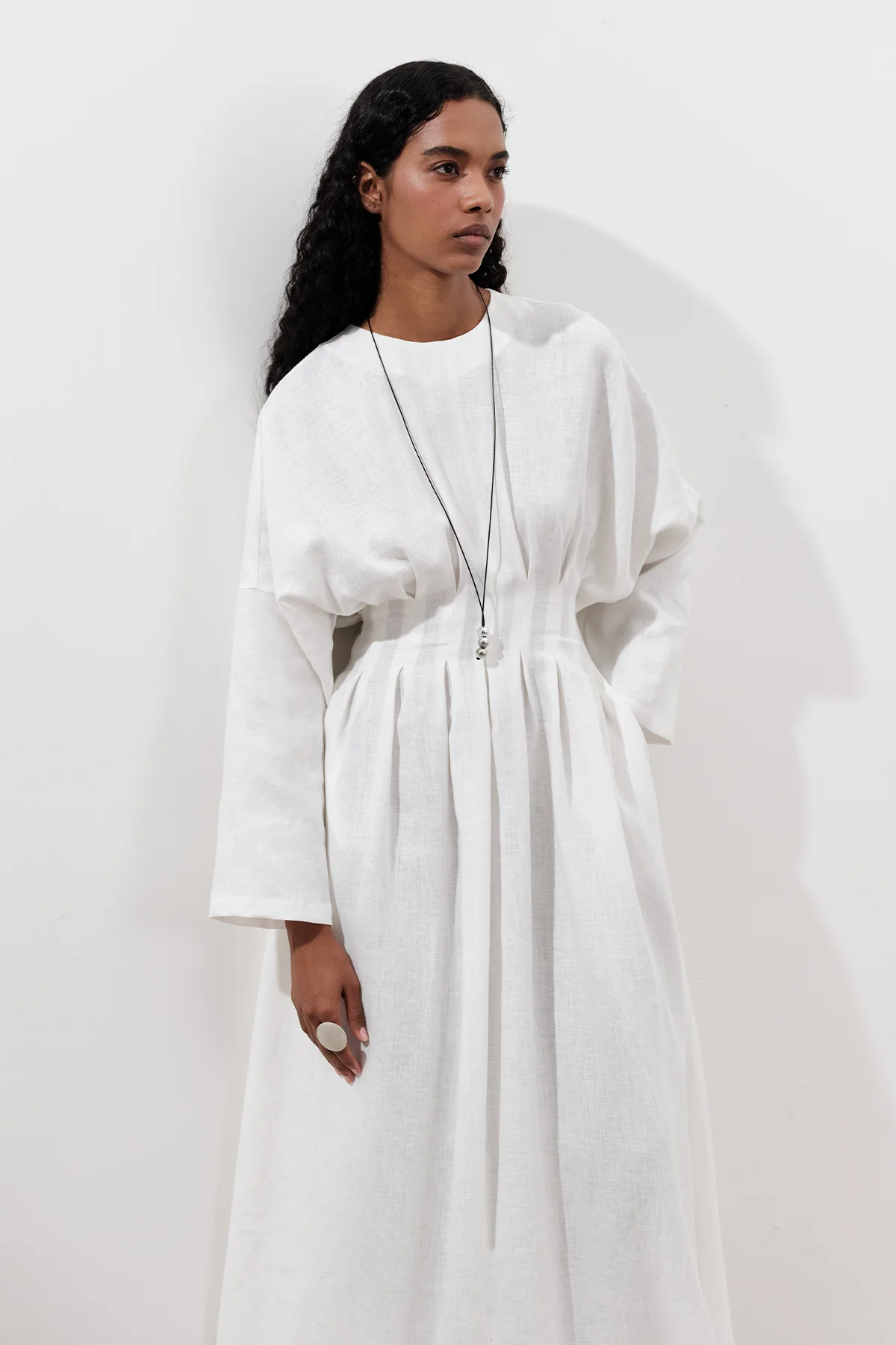 Linen Pleat Detail Dress Ecru - Image 2