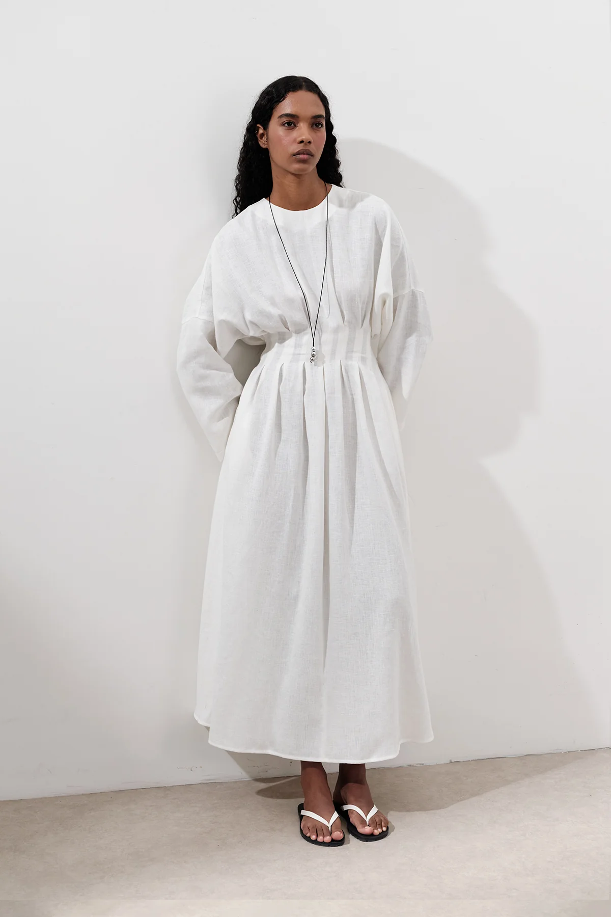 Linen Pleat Detail Dress Ecru - Image 3