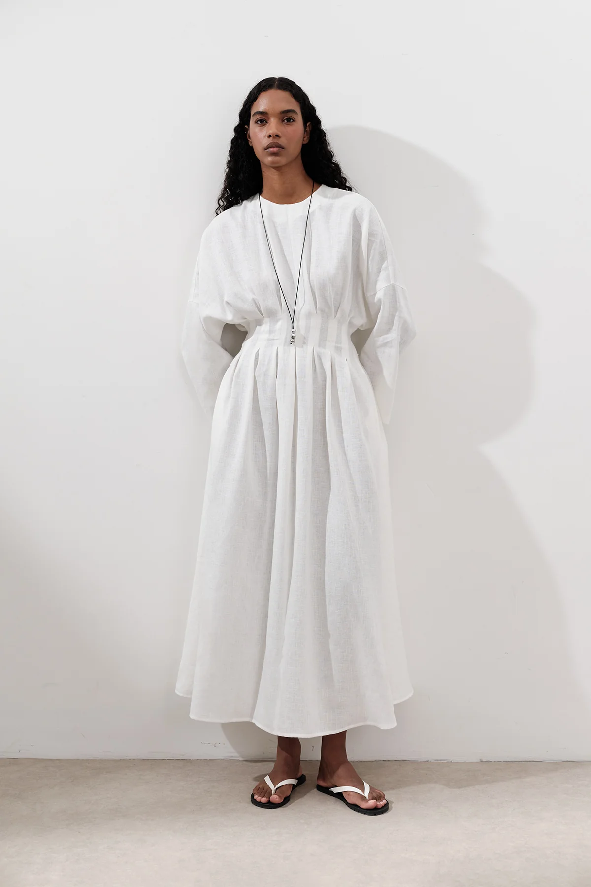 Linen Pleat Detail Dress Ecru - Image 4