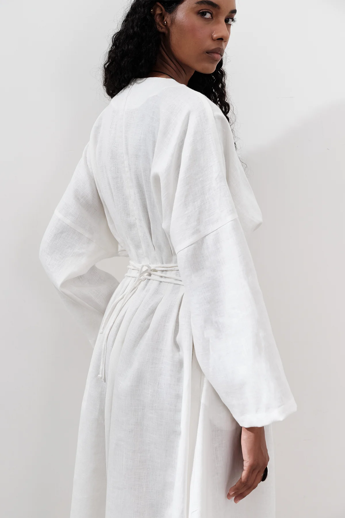 Linen Pleat Detail Dress Ecru - Image 5