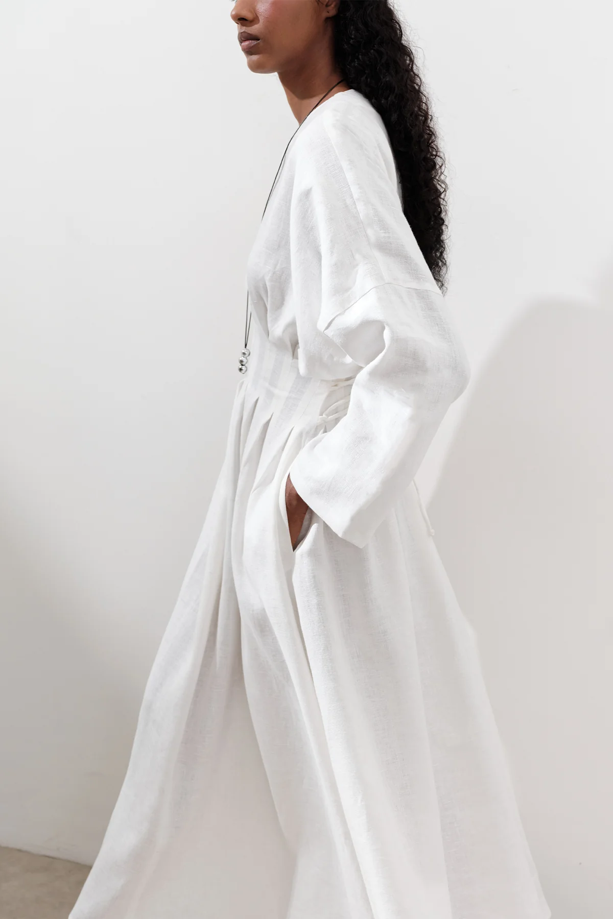 Linen Pleat Detail Dress Ecru - Image 6