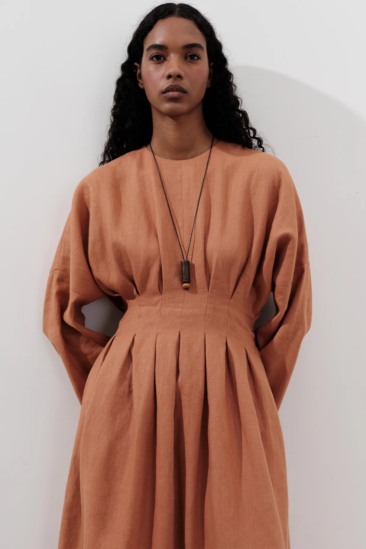Linen Pleat Detail Dress Orange - Image 2