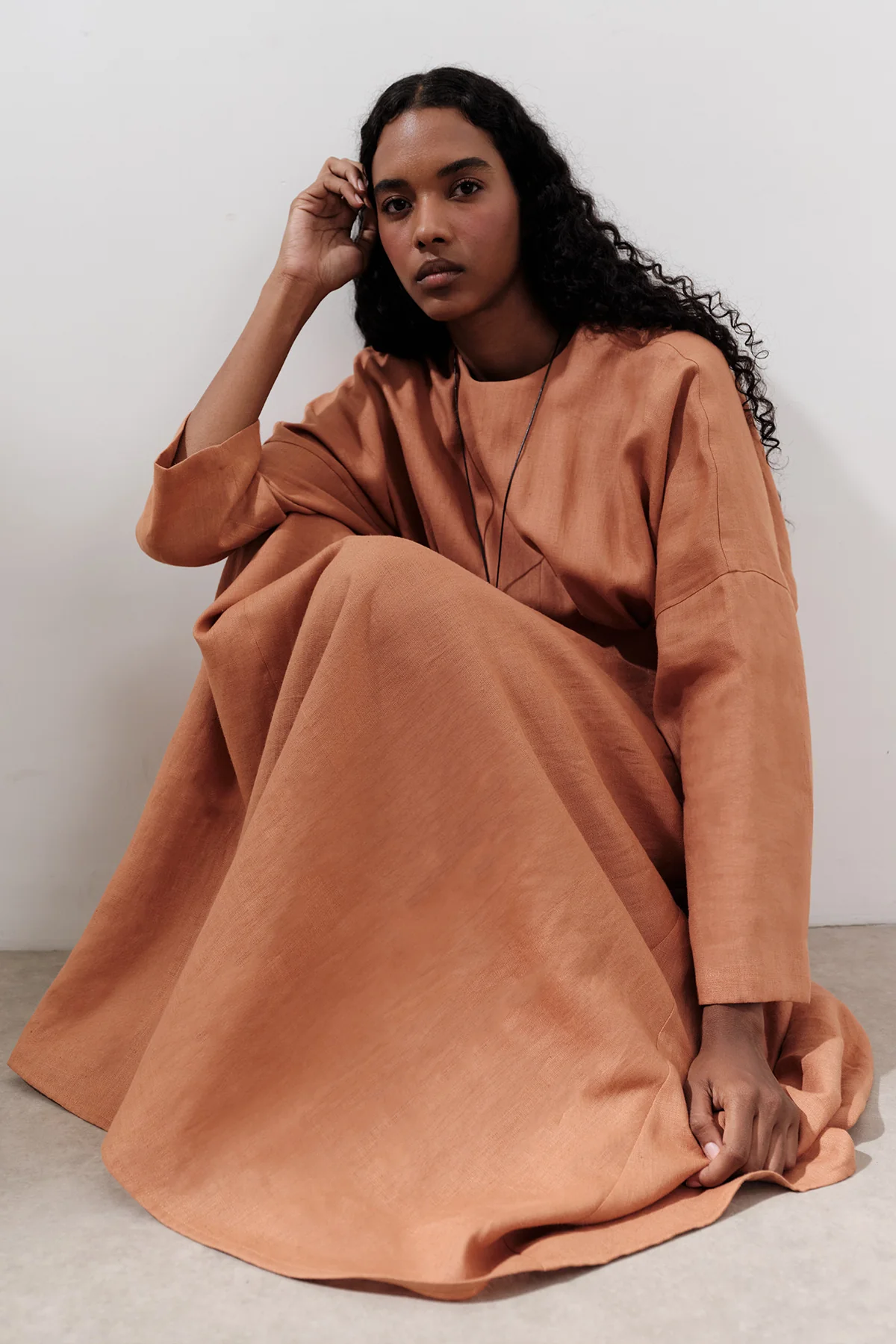 Linen Pleat Detail Dress Orange - Image 3