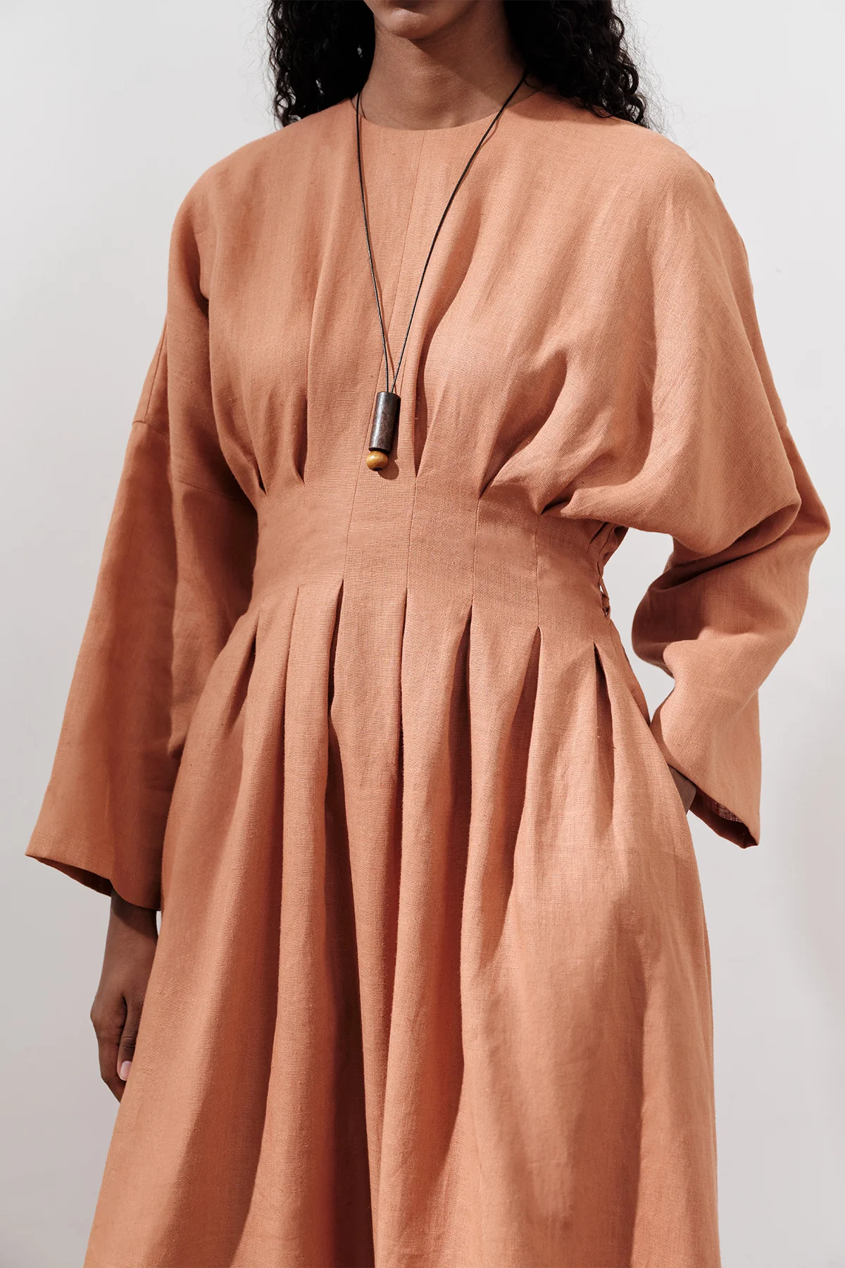 Linen Pleat Detail Dress Orange - Image 4