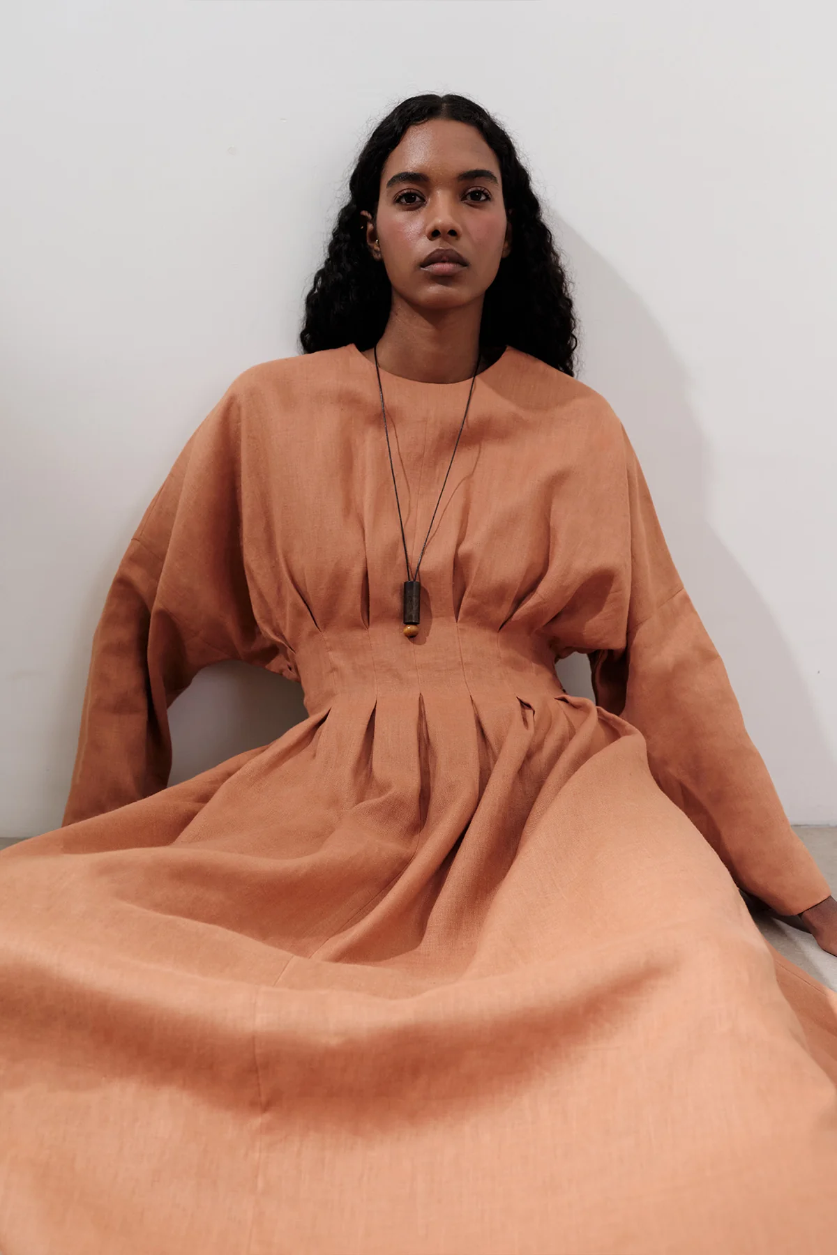 Linen Pleat Detail Dress Orange - Image 5