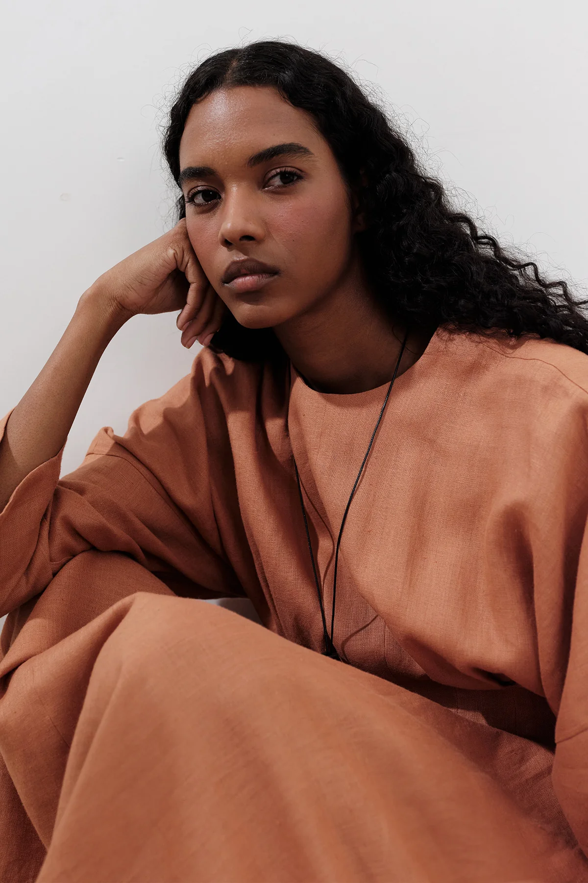 Linen Pleat Detail Dress Orange - Image 6