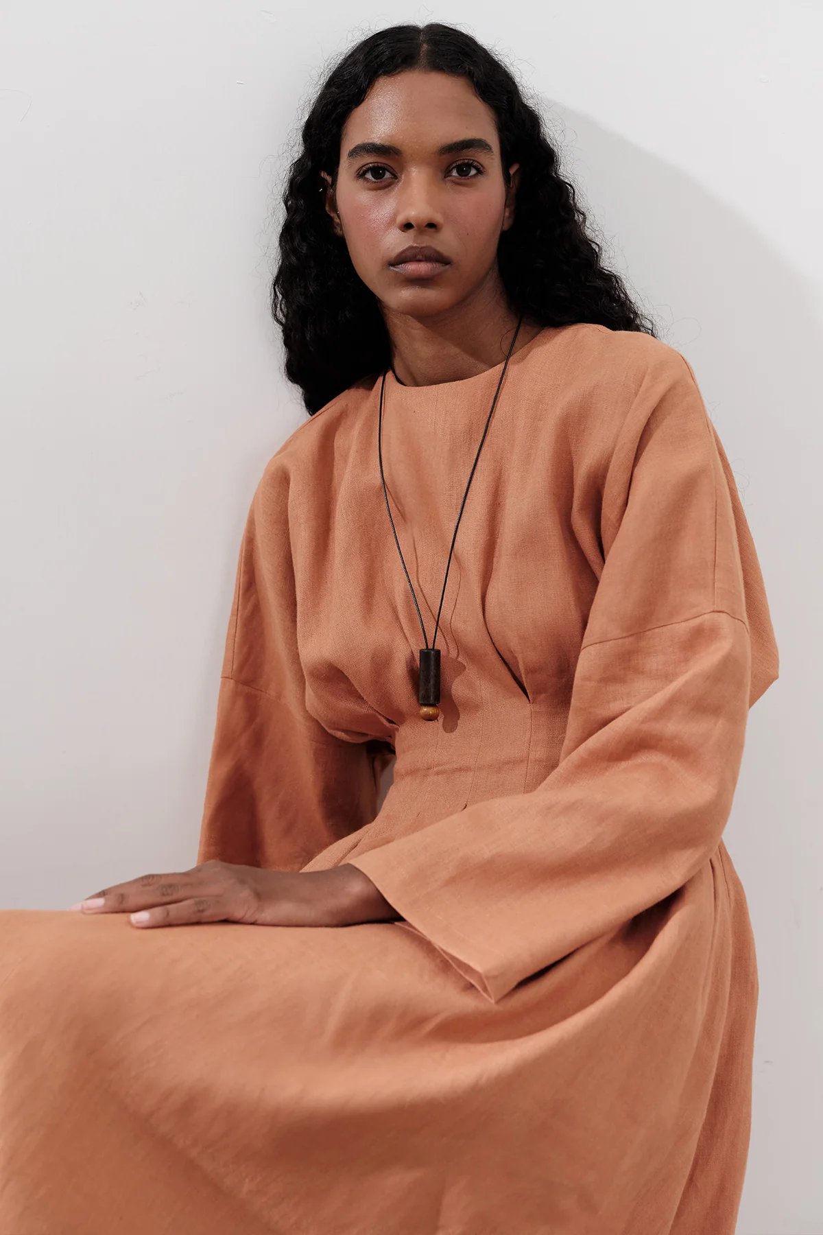 Linen Pleat Detail Dress Orange - Image 7