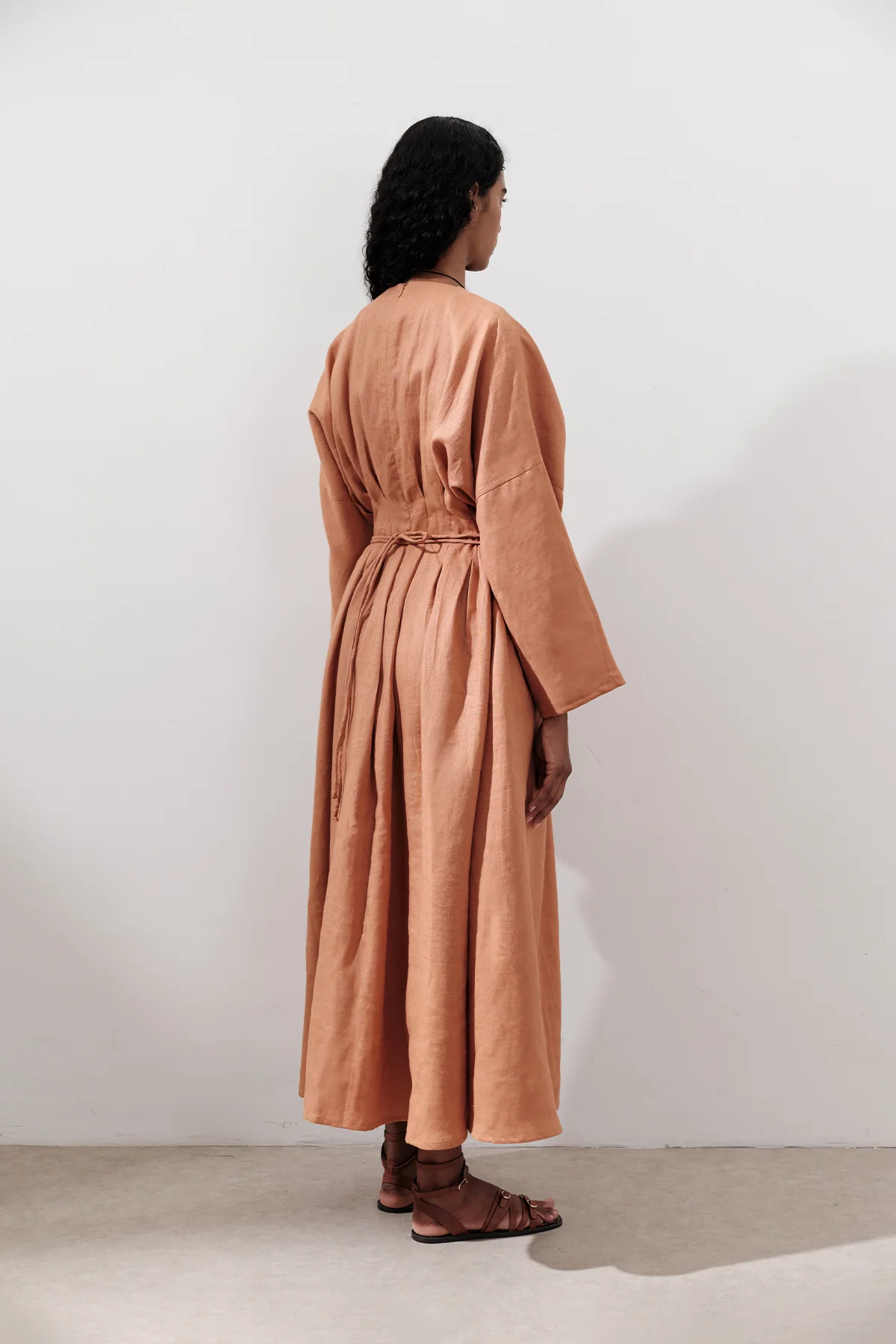 Linen Pleat Detail Dress Orange - Image 8