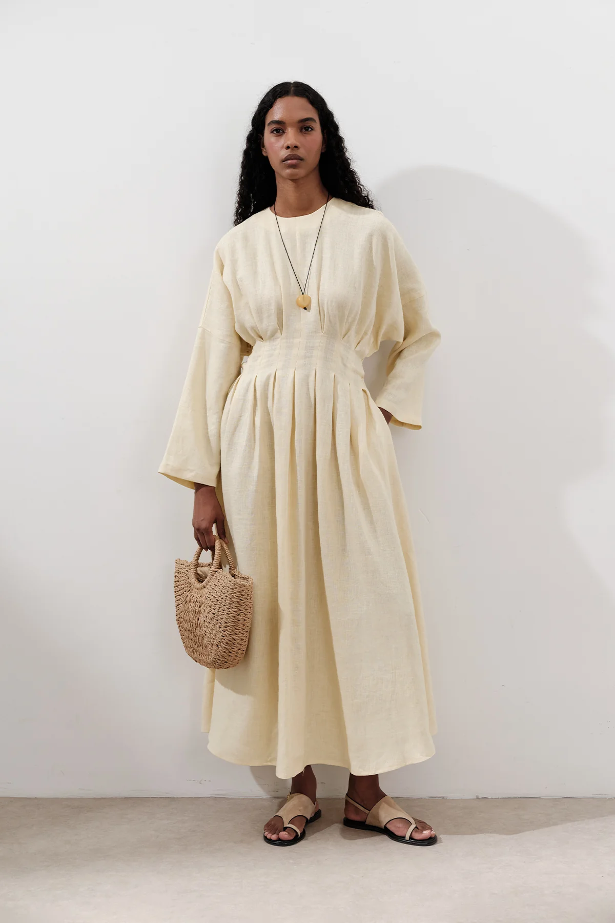Linen Pleat Detail Dress Yellow