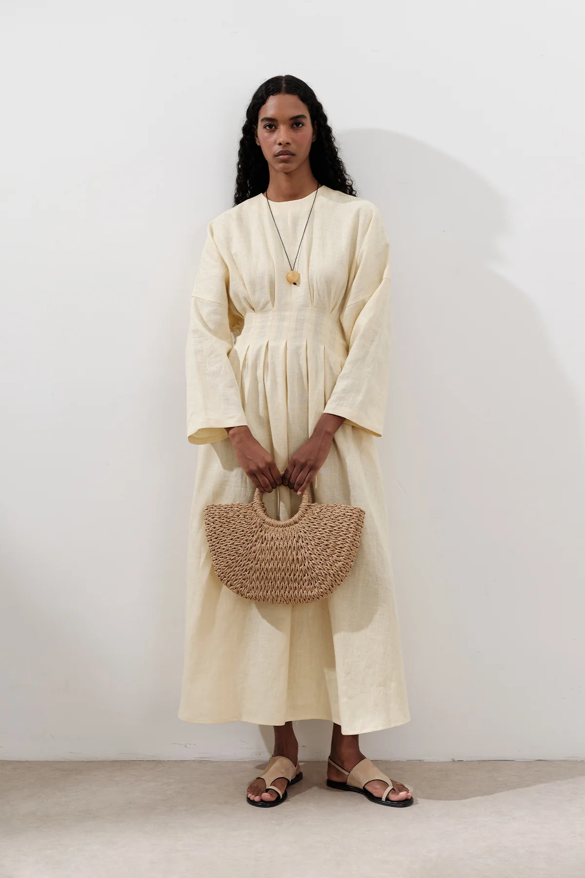 Linen Pleat Detail Dress Yellow - Image 3