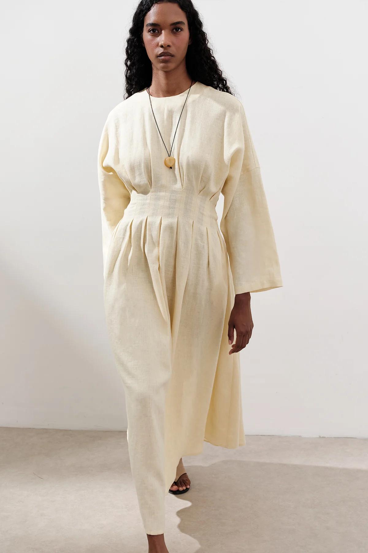 Linen Pleat Detail Dress Yellow - Image 4
