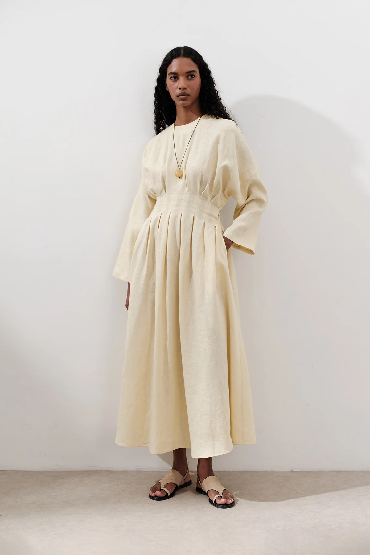 Linen Pleat Detail Dress Yellow - Image 5