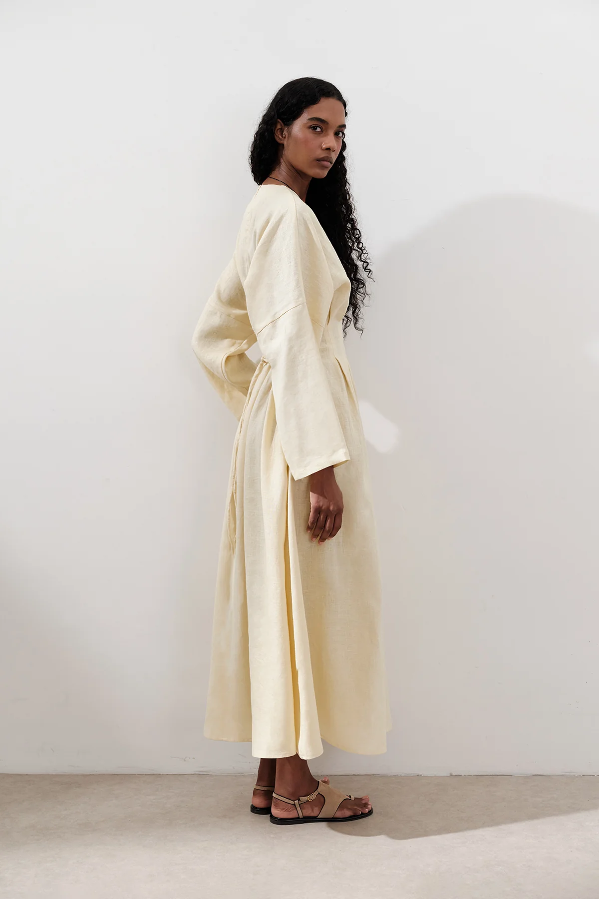 Linen Pleat Detail Dress Yellow - Image 6