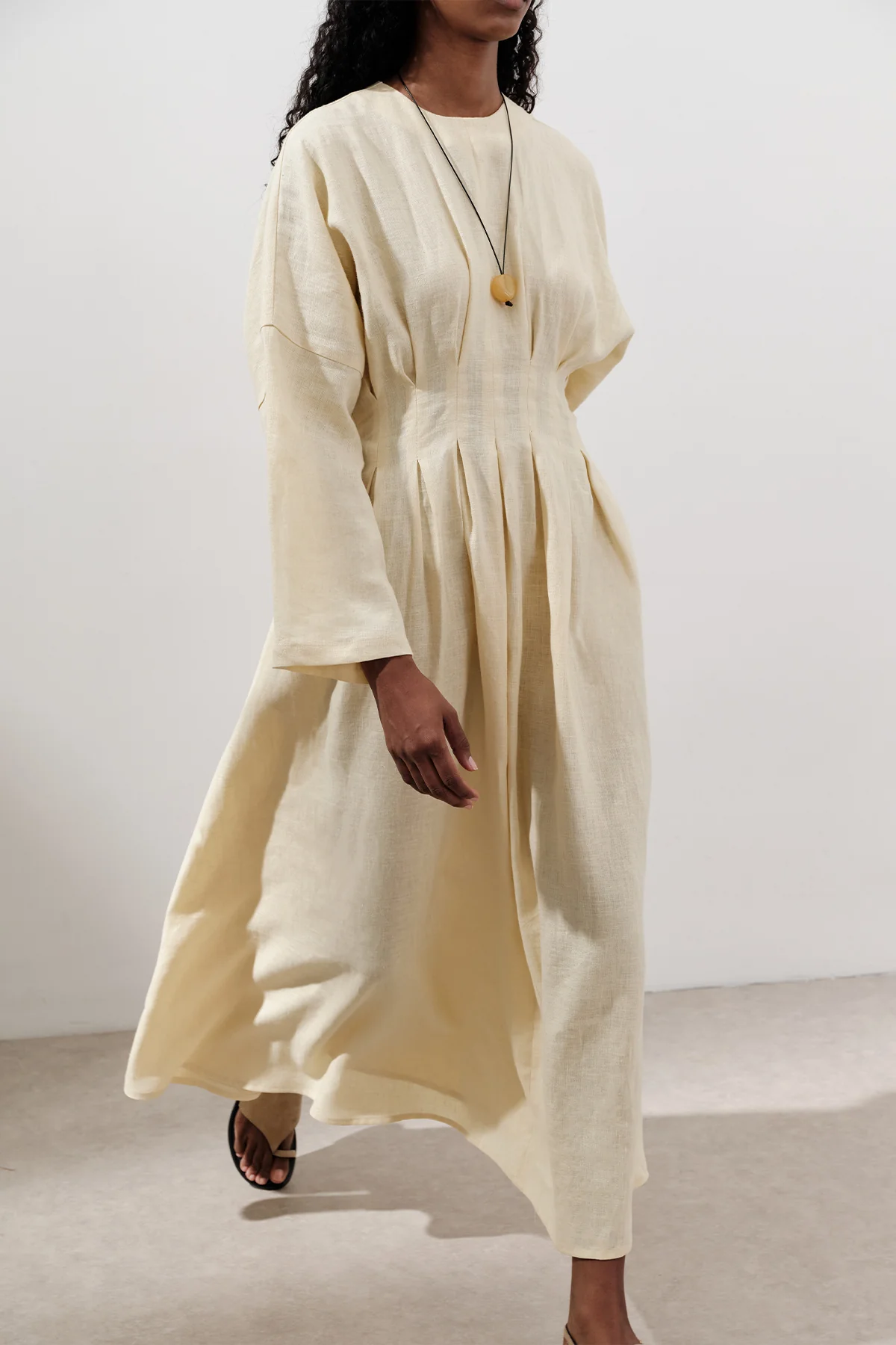 Linen Pleat Detail Dress Yellow - Image 7