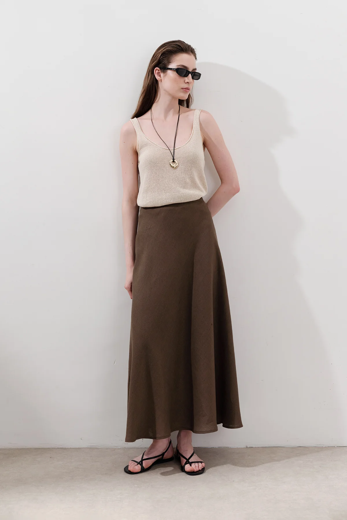 Linen Stitch Detail Skirt Dusty Brown - Image 4
