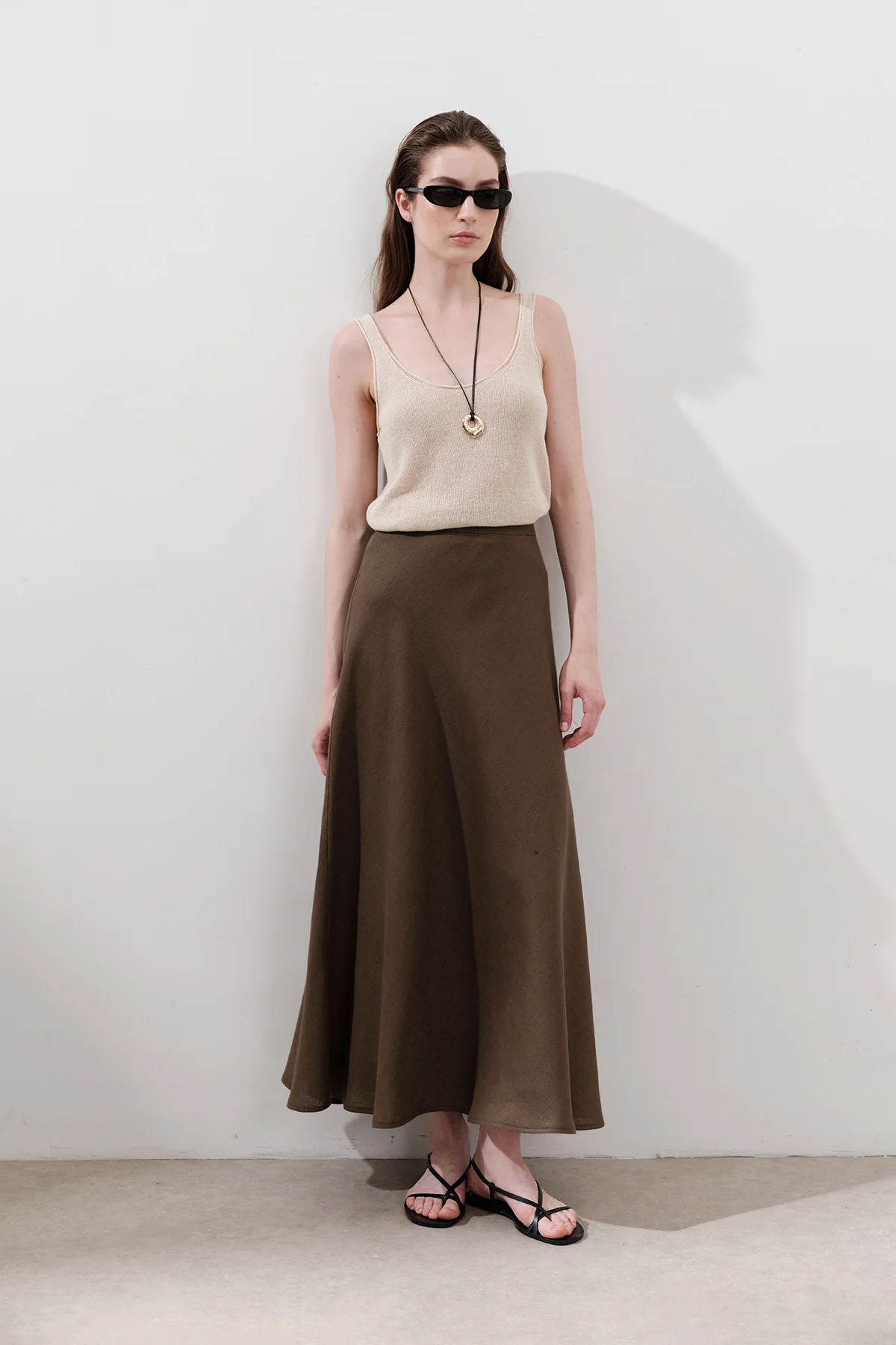 Linen Stitch Detail Skirt Dusty Brown - Image 6