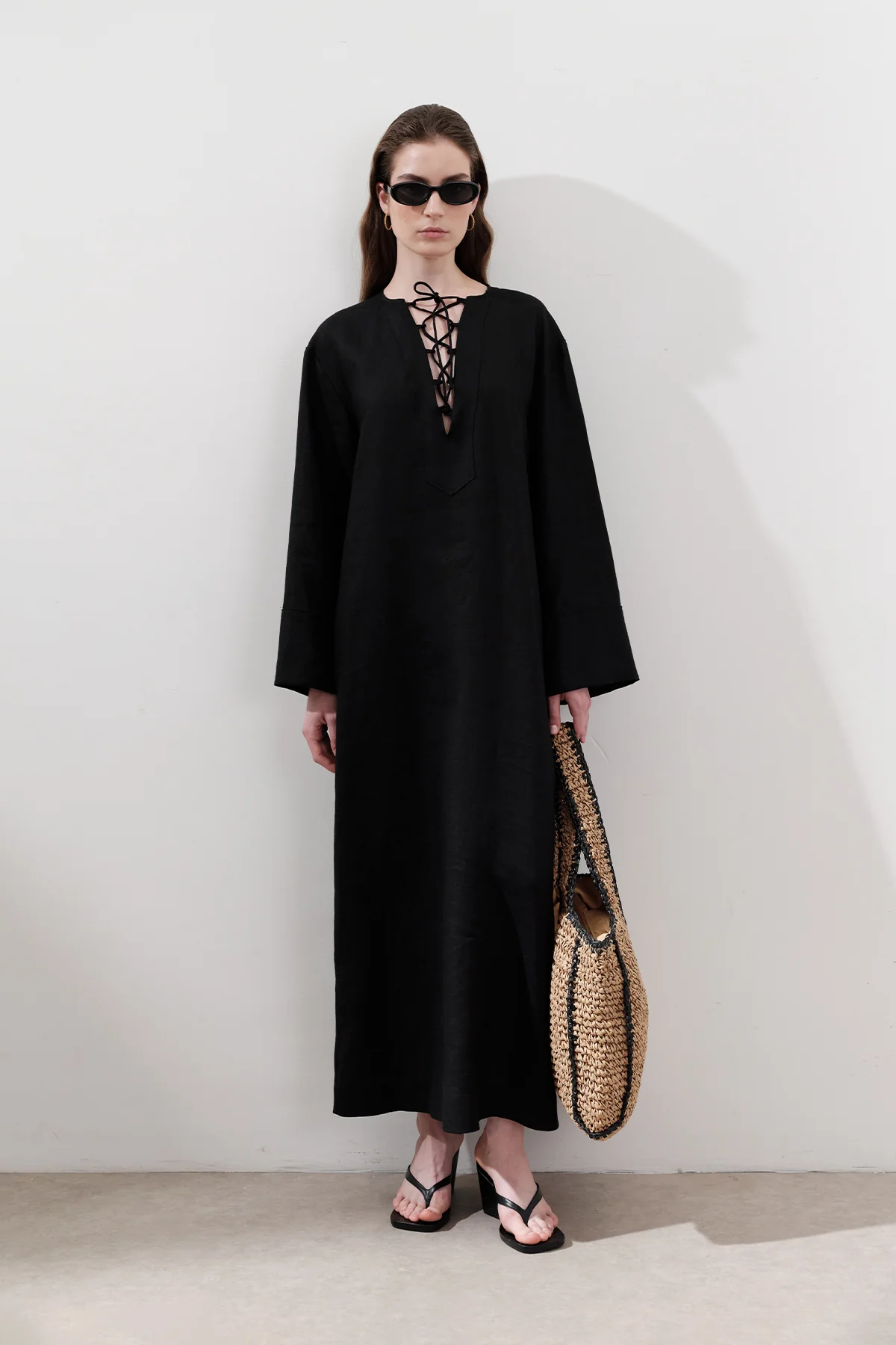 Linen Tie Detail Dress Black - Image 5