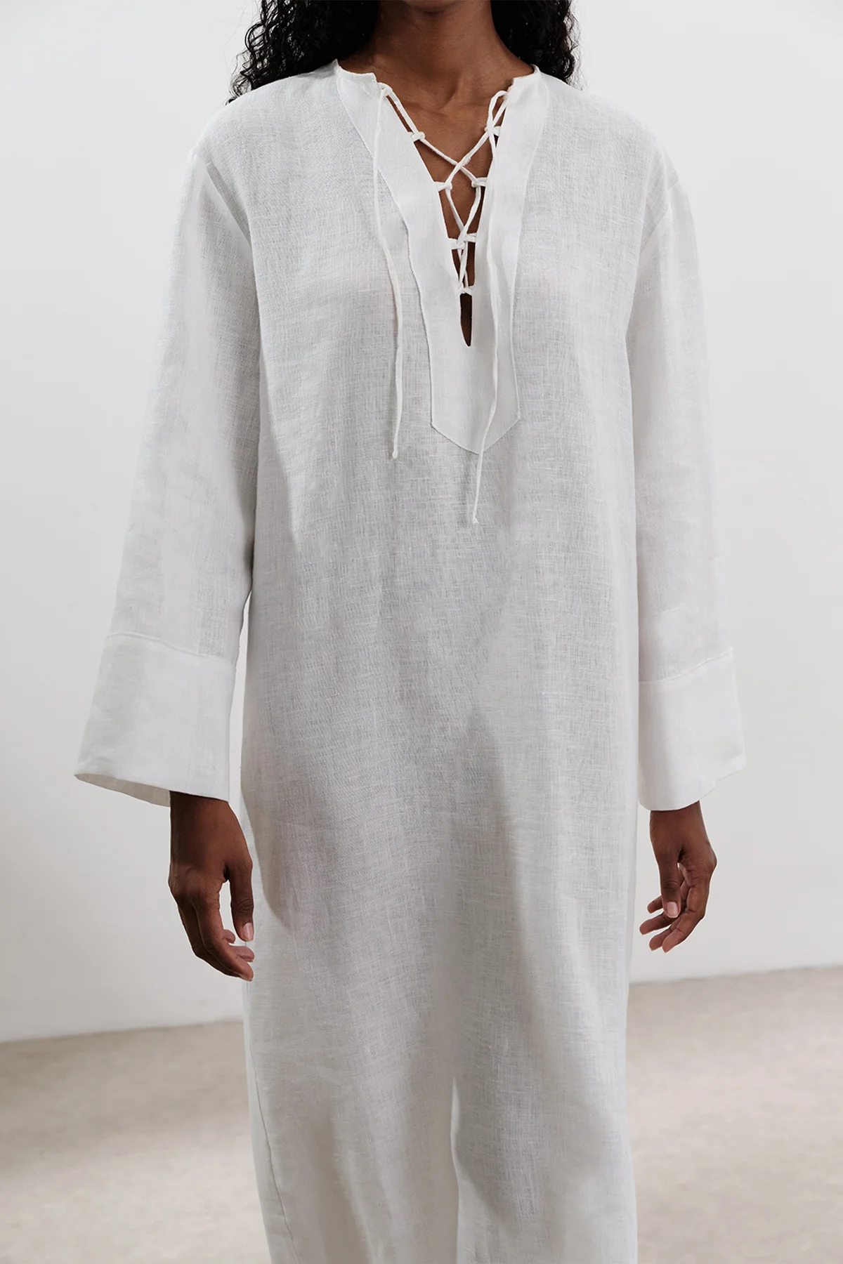 Linen Tie Detail Dress Ecru - Image 6