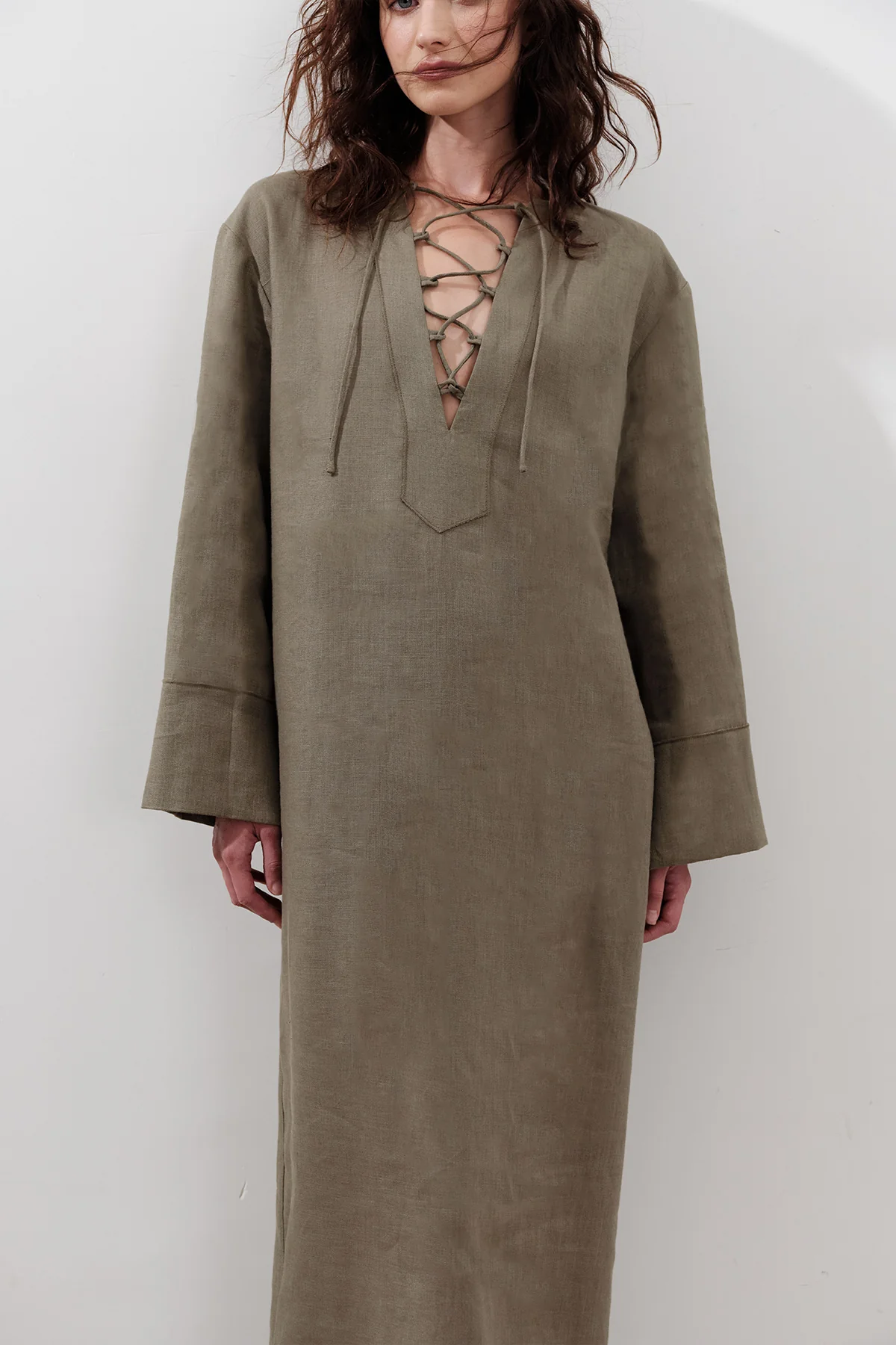 Linen Tie Detail Dress Khaki - Image 4