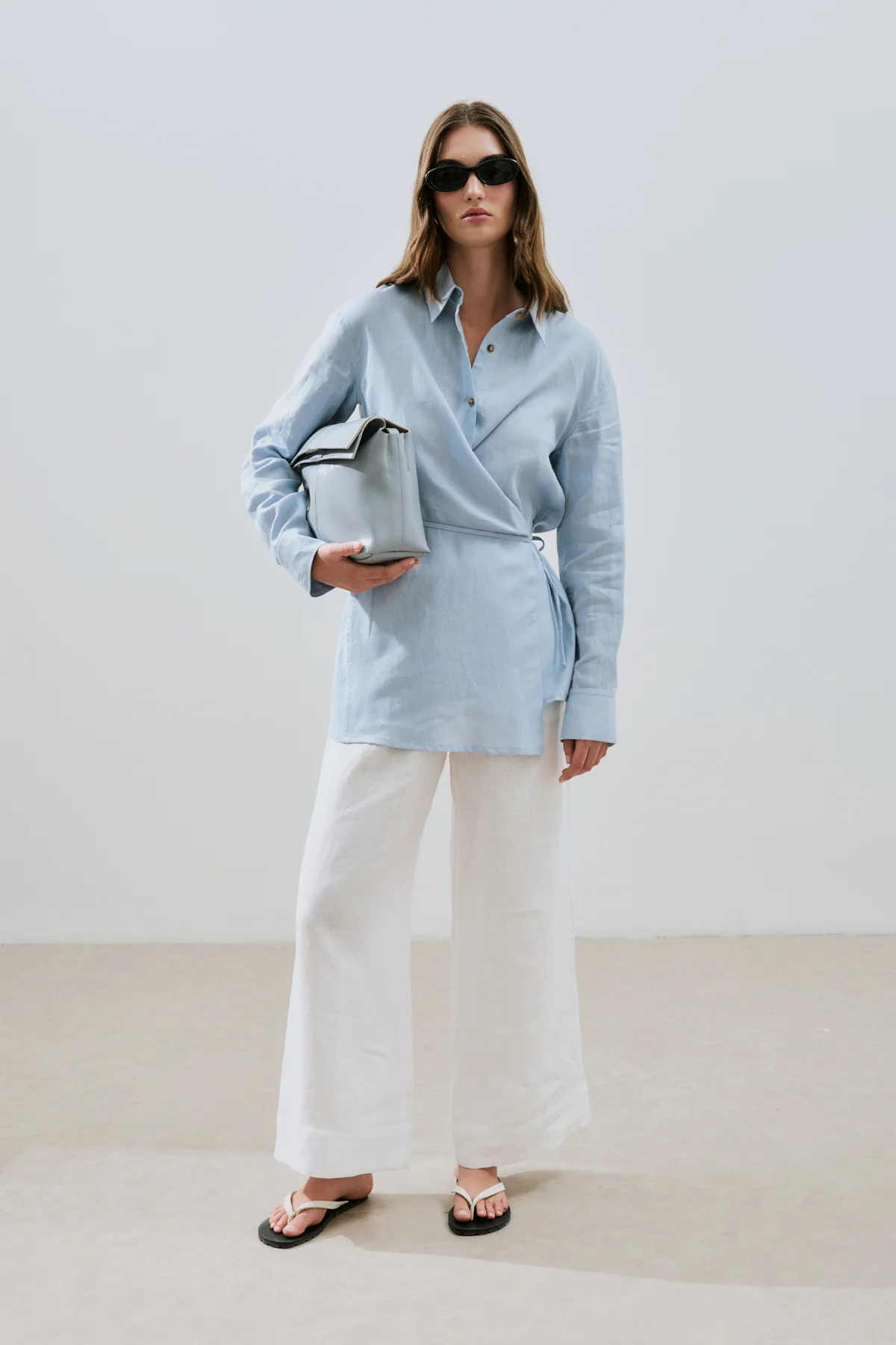 Linen Tie Detail Shirt Blue