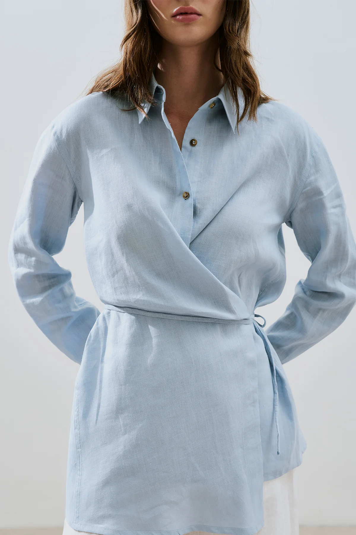 Linen Tie Detail Shirt Blue - Image 4