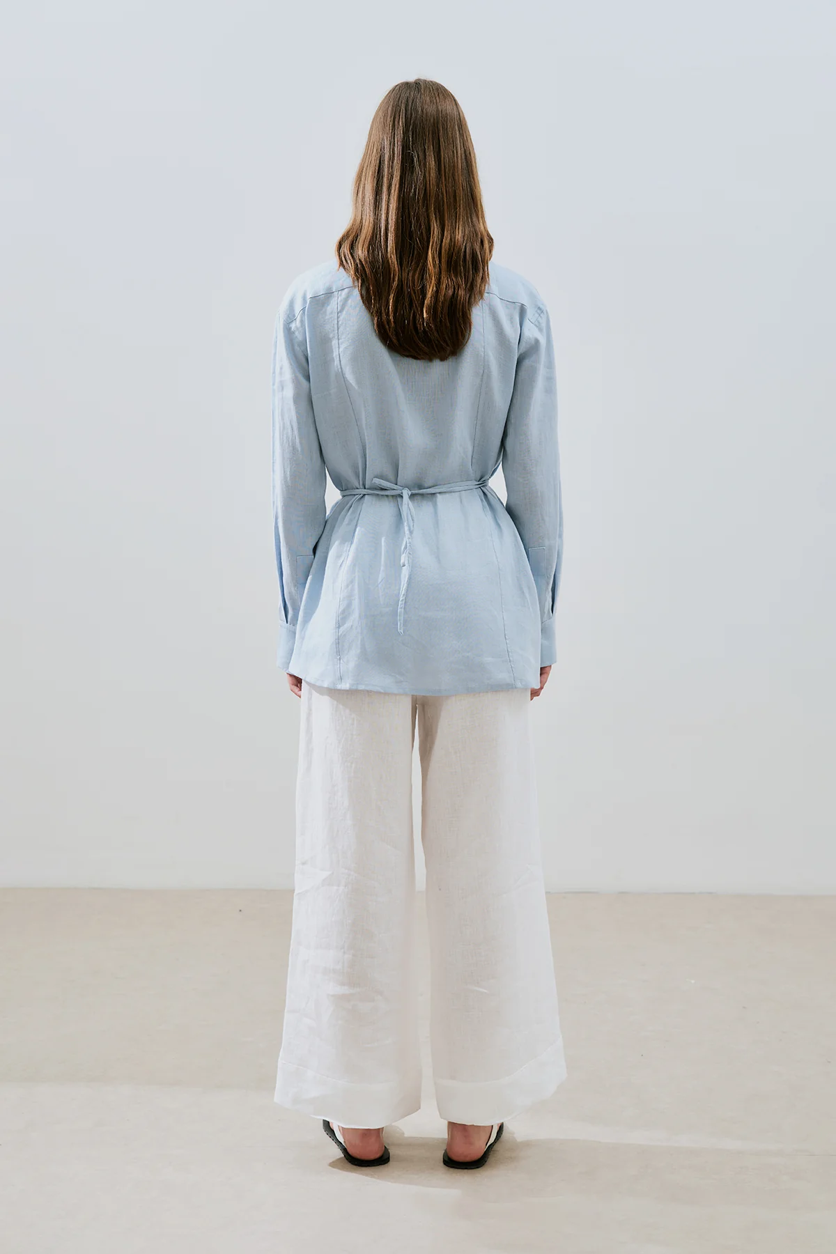 Linen Tie Detail Shirt Blue - Image 7