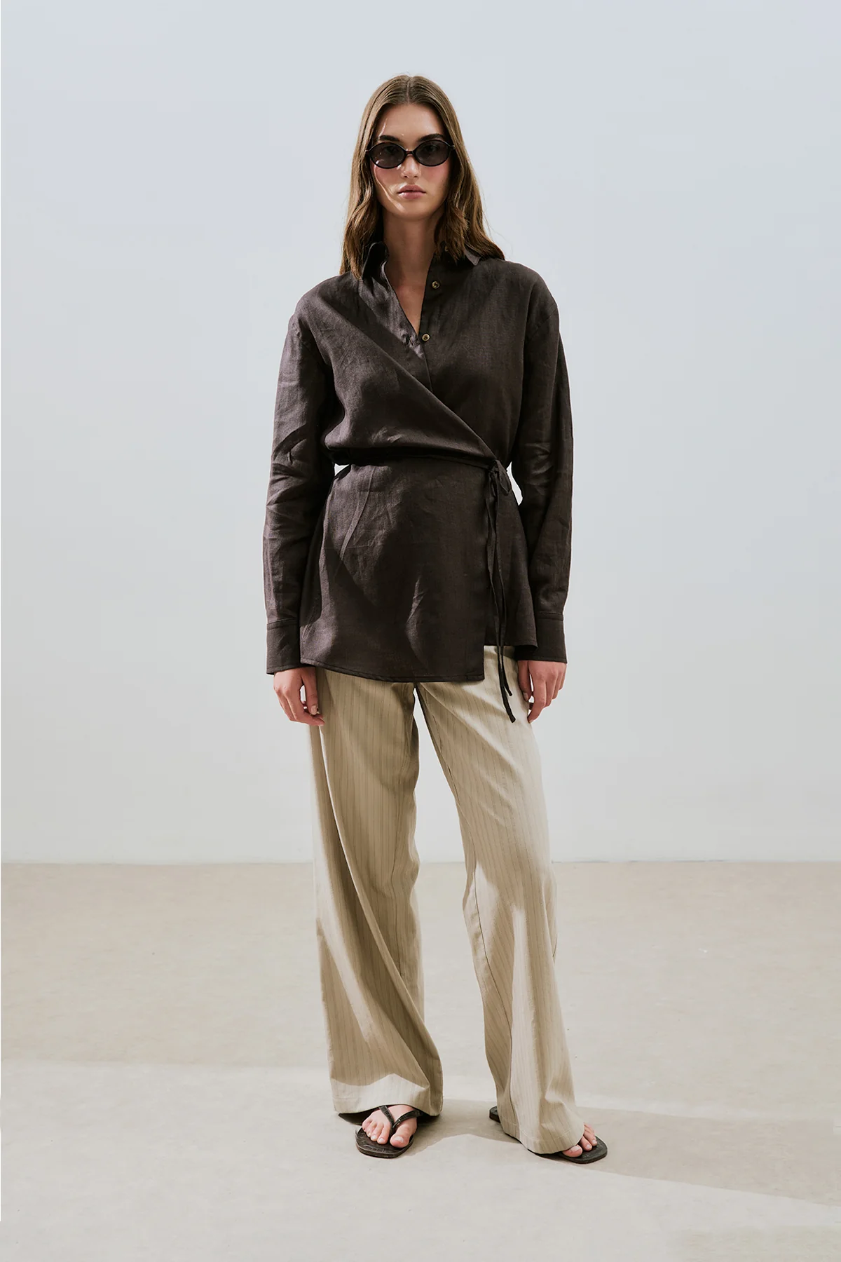 Linen Tie Detail Shirt Dark Brown - Image 3