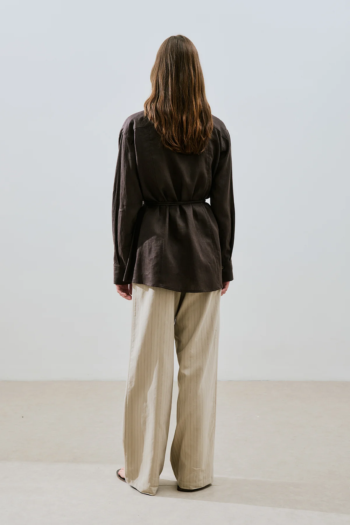 Linen Tie Detail Shirt Dark Brown - Image 6