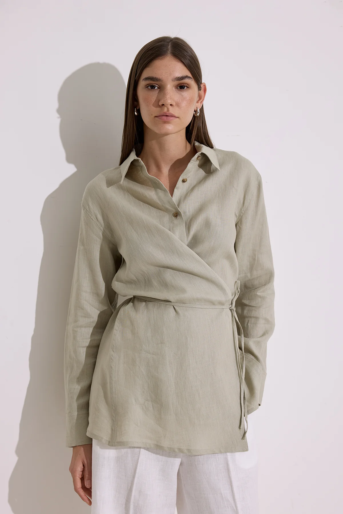 Linen Tie Detail Shirt Green - Image 2