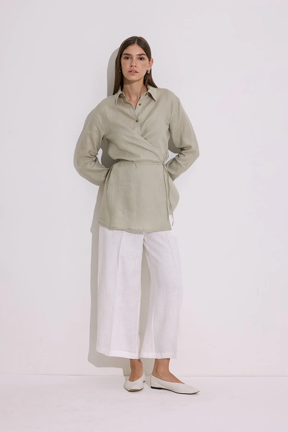 Linen Tie Detail Shirt Green - Image 4
