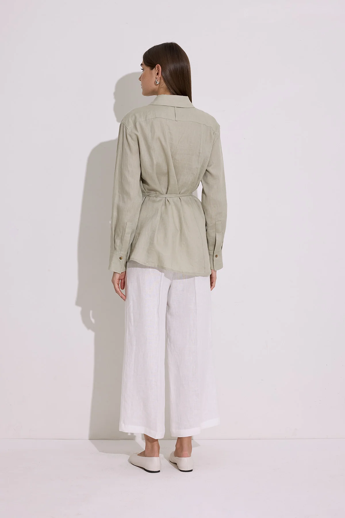Linen Tie Detail Shirt Green - Image 5